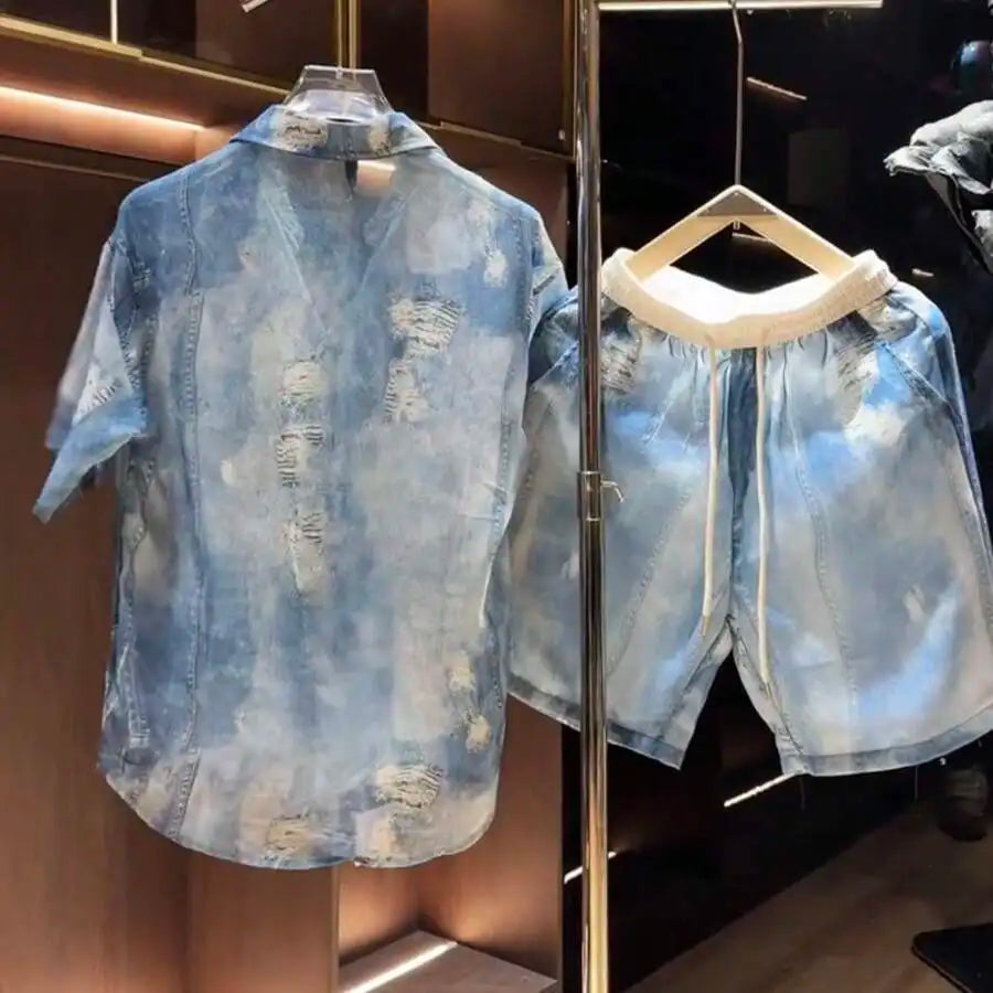 Men's Denim Print Loose Short Sleeve Shirt Set For Summer Casual Two Piece Outfit Ideal Vacation Wear