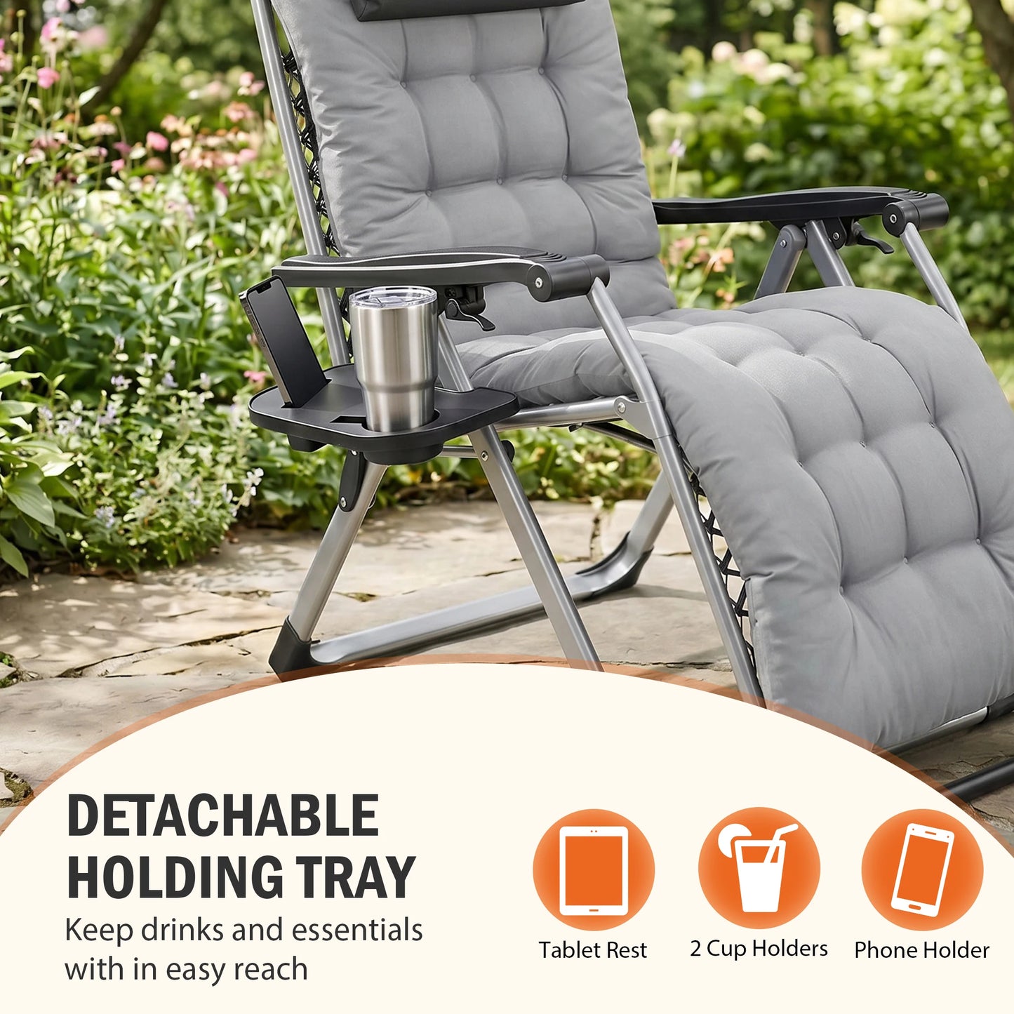 JHK Zero Gravity Reclining Camping Lounge Chair With Cup Holder Tray