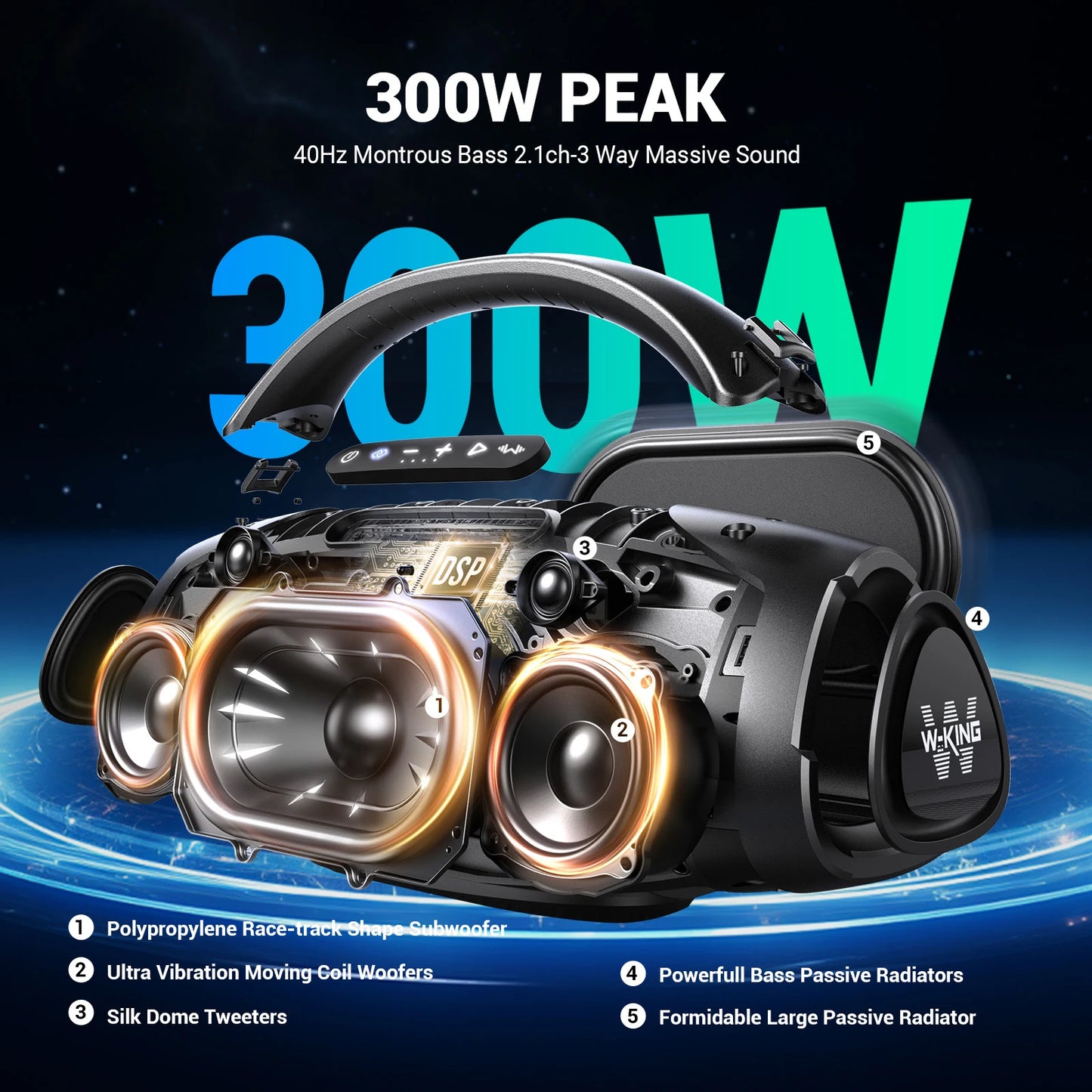 W-King X20 200W RMS Portable Bluetooth IPX7 Waterproof Speaker