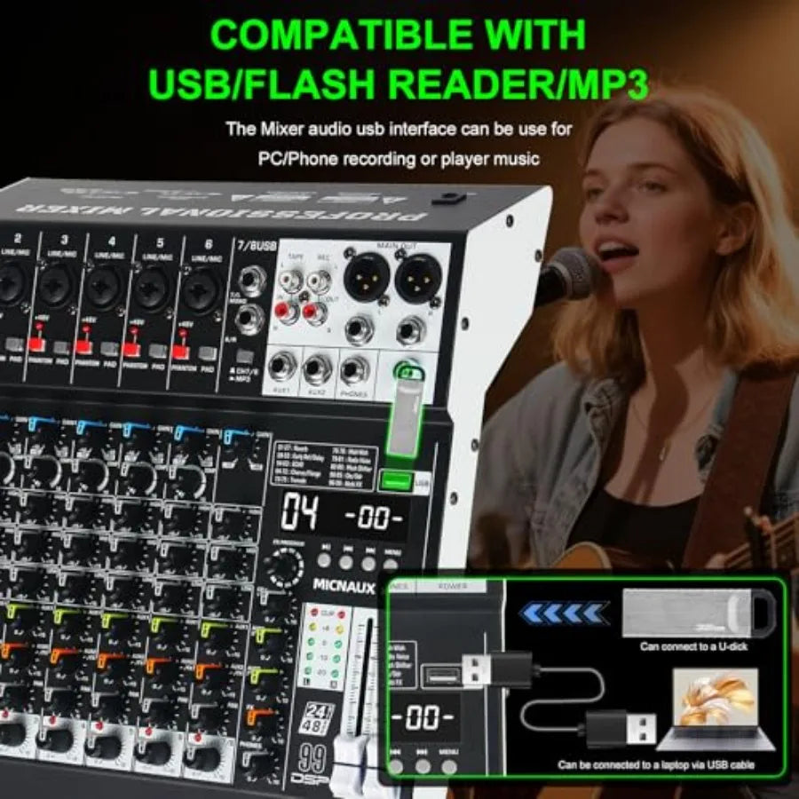 8 Channel Audio Mixer With USB Bluetooth And DSP Effects