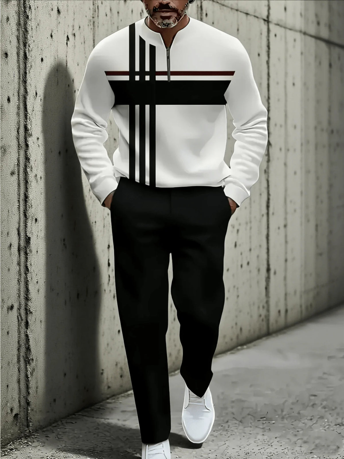 Mens 2-Piece Polyester Sportswear Set With 3D Print Pattern, Half-Collar Zipper Top And Long Pants