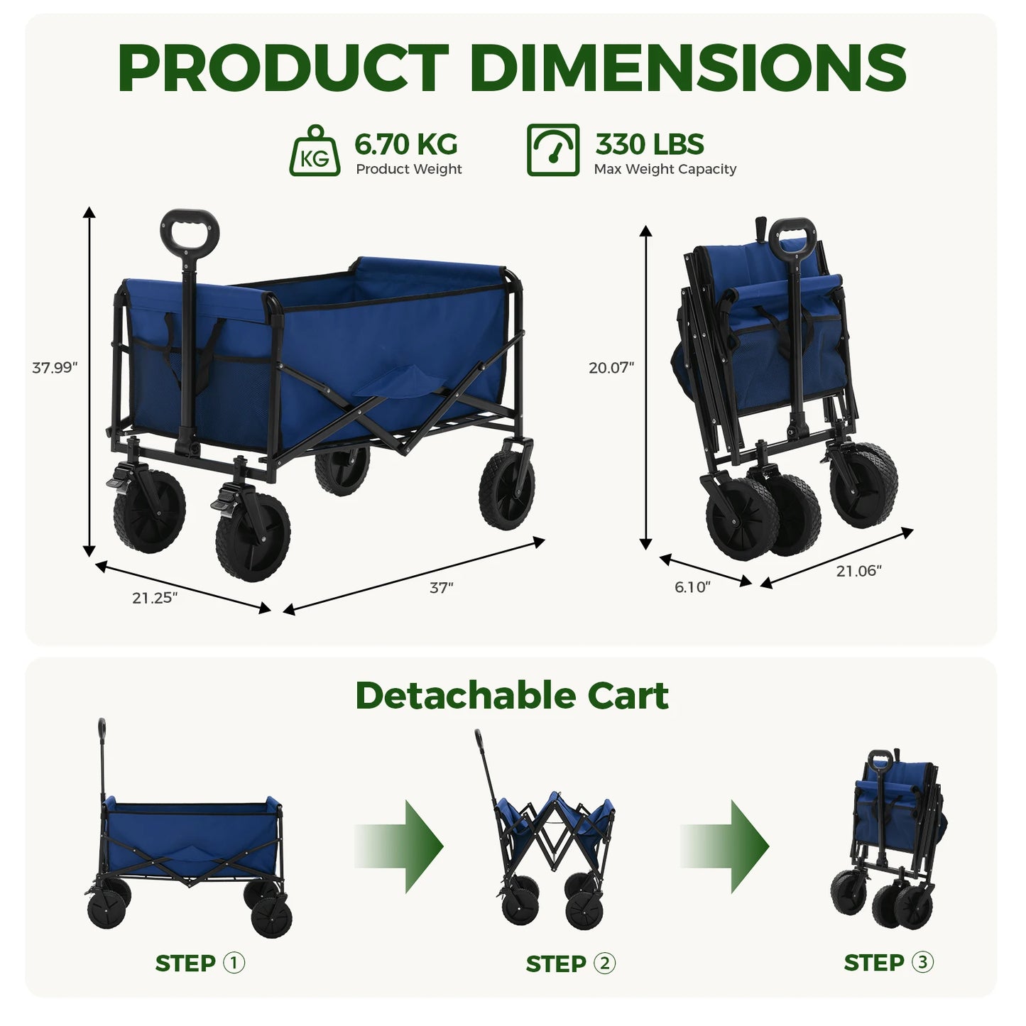 JHK Heavy Duty Collapsible Wagon Cart With 330 Lb Capacity