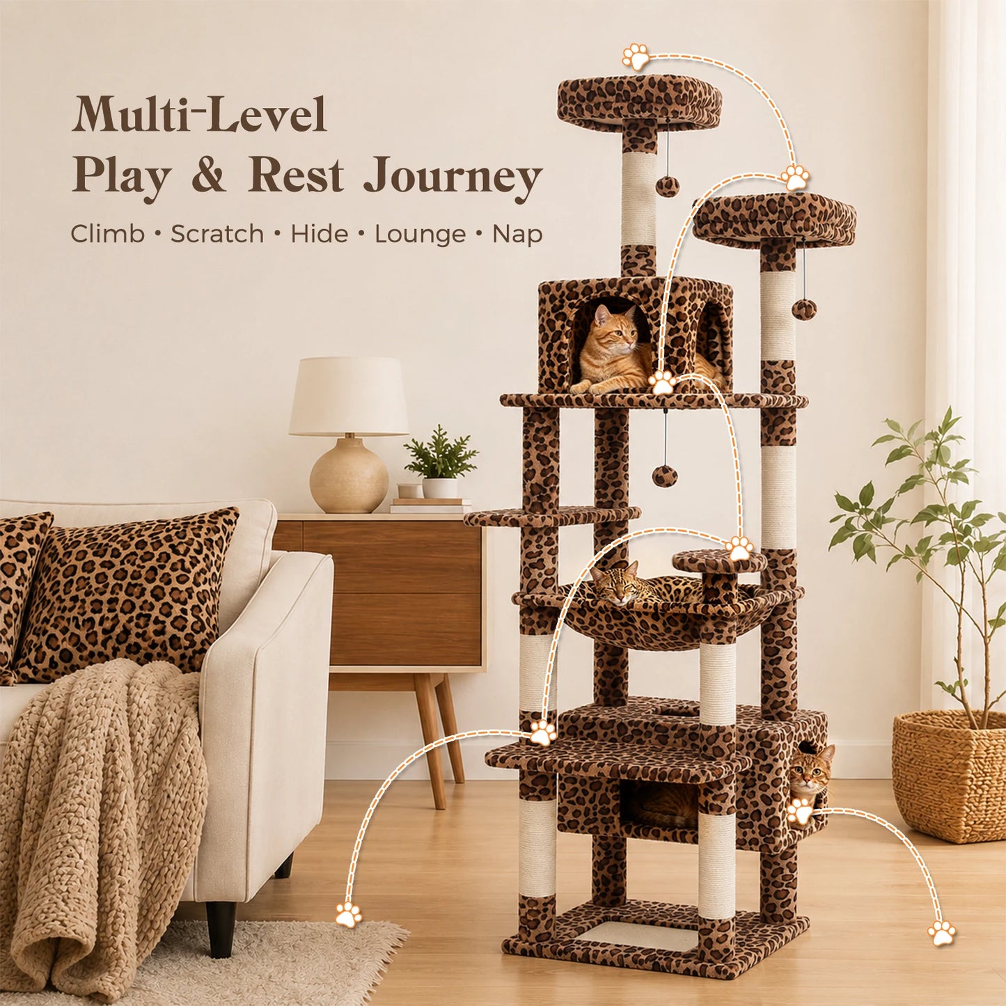 Multi-Level Leopard Cat Tree for Indoor Cats Large Cat Tower with Sisal Scratching Posts Cozy Cat Condo Spacious Hammock Soft Top Perch Cat Toys