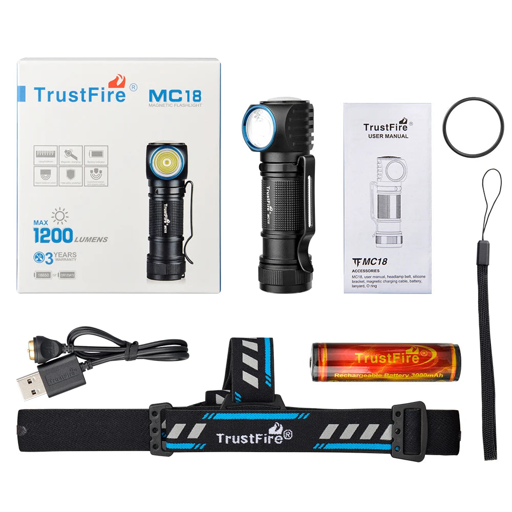 Trustfire MC18 LED Headlamp 1200lm 18650 Magnetic Rechargeable Headlight Flashlight with Power Indicator Magnet Tail for Fishing