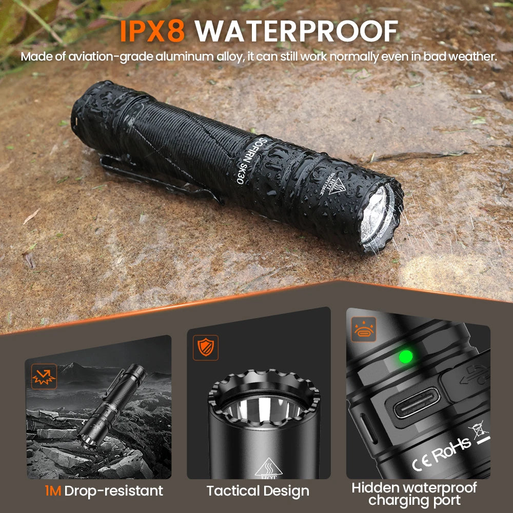 Sofirn SK30 3000 Lumen 6000K USB C Rechargeable Tactical Flashlight