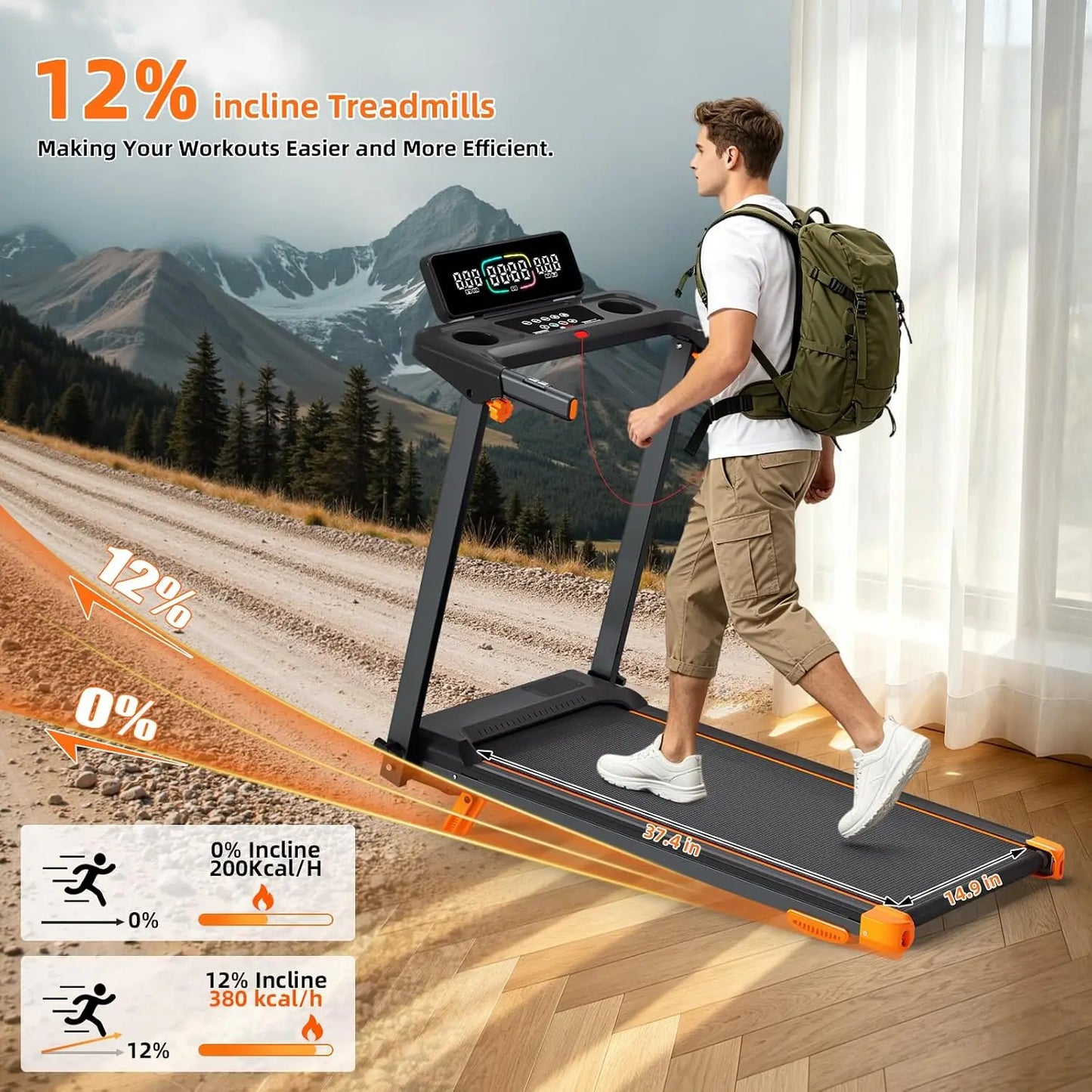 Foldable Walkpad Treadmill With 12 Incline And Led Display