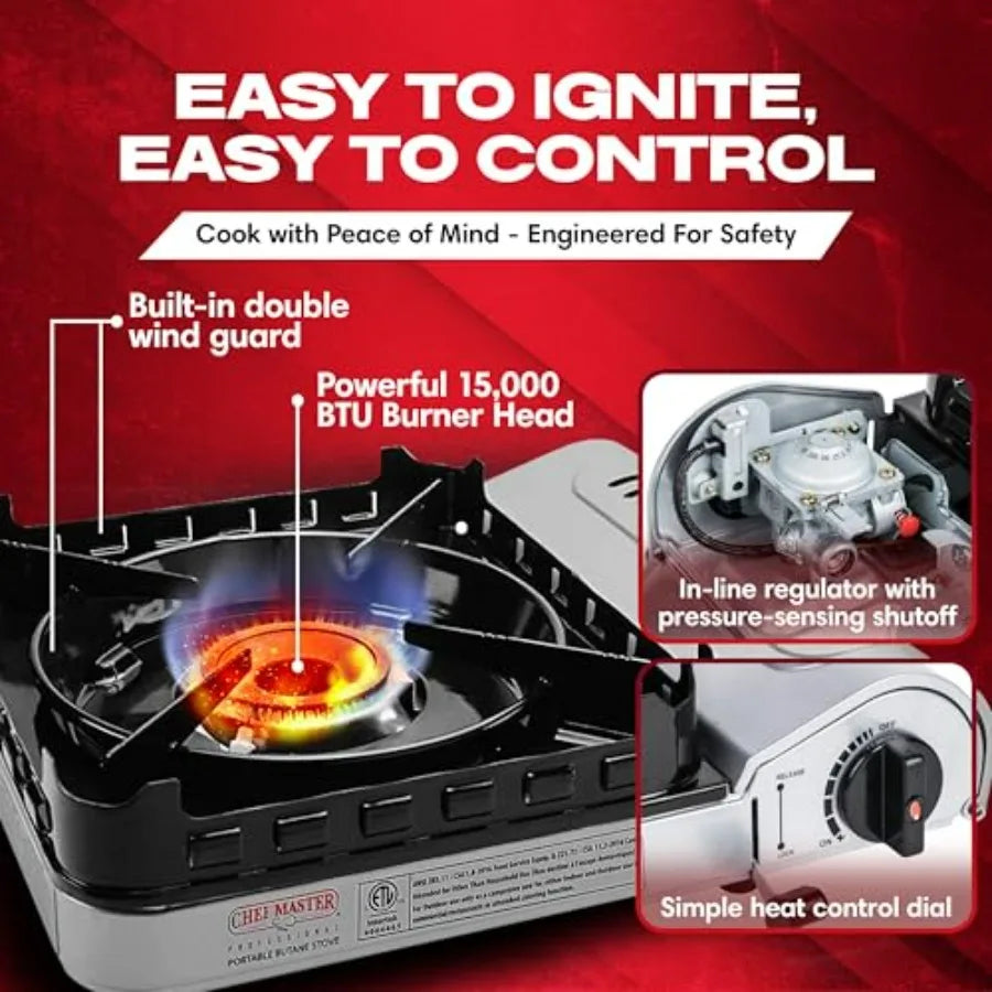 Portable Camp Stove 15000 BTU Butane Burner with Wind Guard