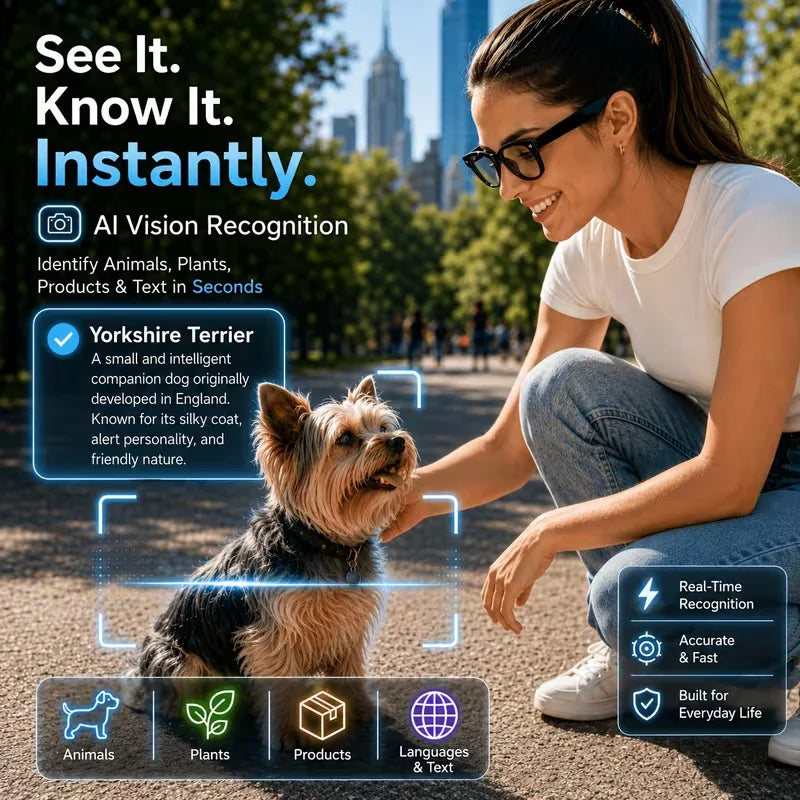 Smart glasses with a camera, 8-megapixel HD resolution, 3 interchangeable lens options, image stabilization, photo and video cap