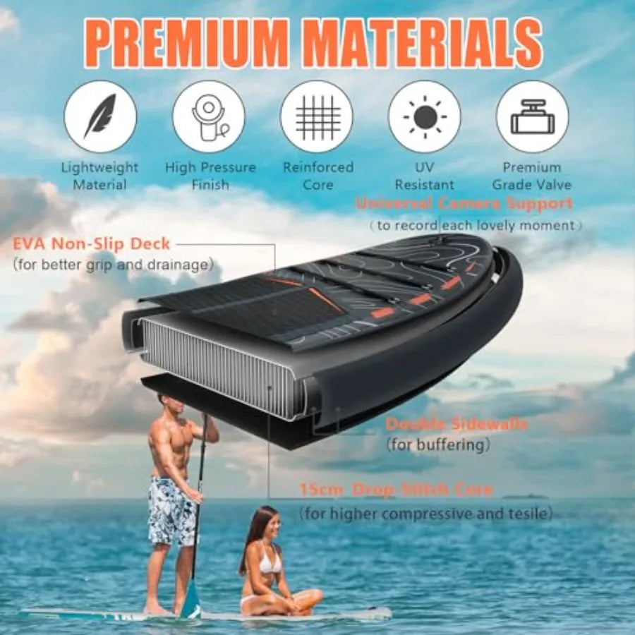 Inflatable Paddle Board Blue Gray For Outdoor Water Sports Ultra Light 17.4 Lb Wide Deck With SUP Camera Seat