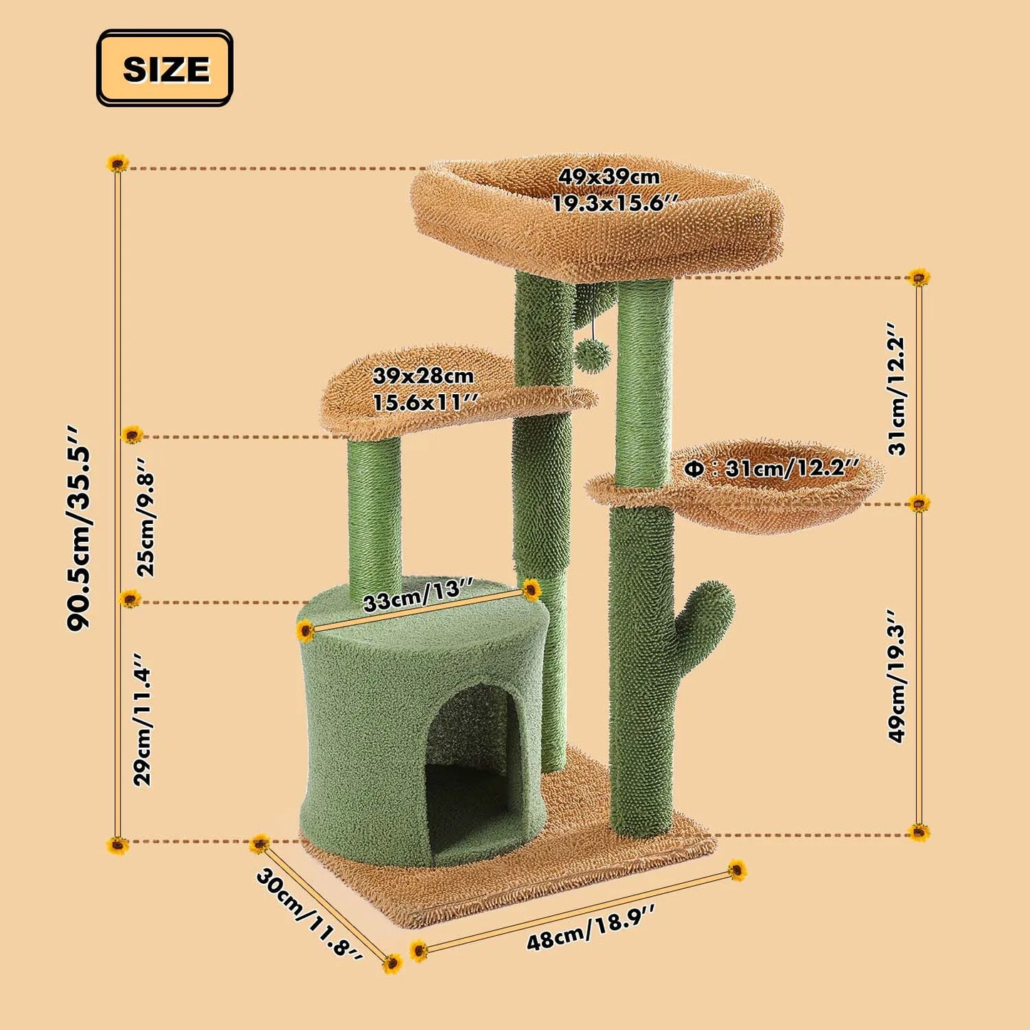 Cat Tree Cactus Cat Tower Cat's House with Scratching Post Cute Play House Furniture with Condo Nest Mordern Pet Scratcher