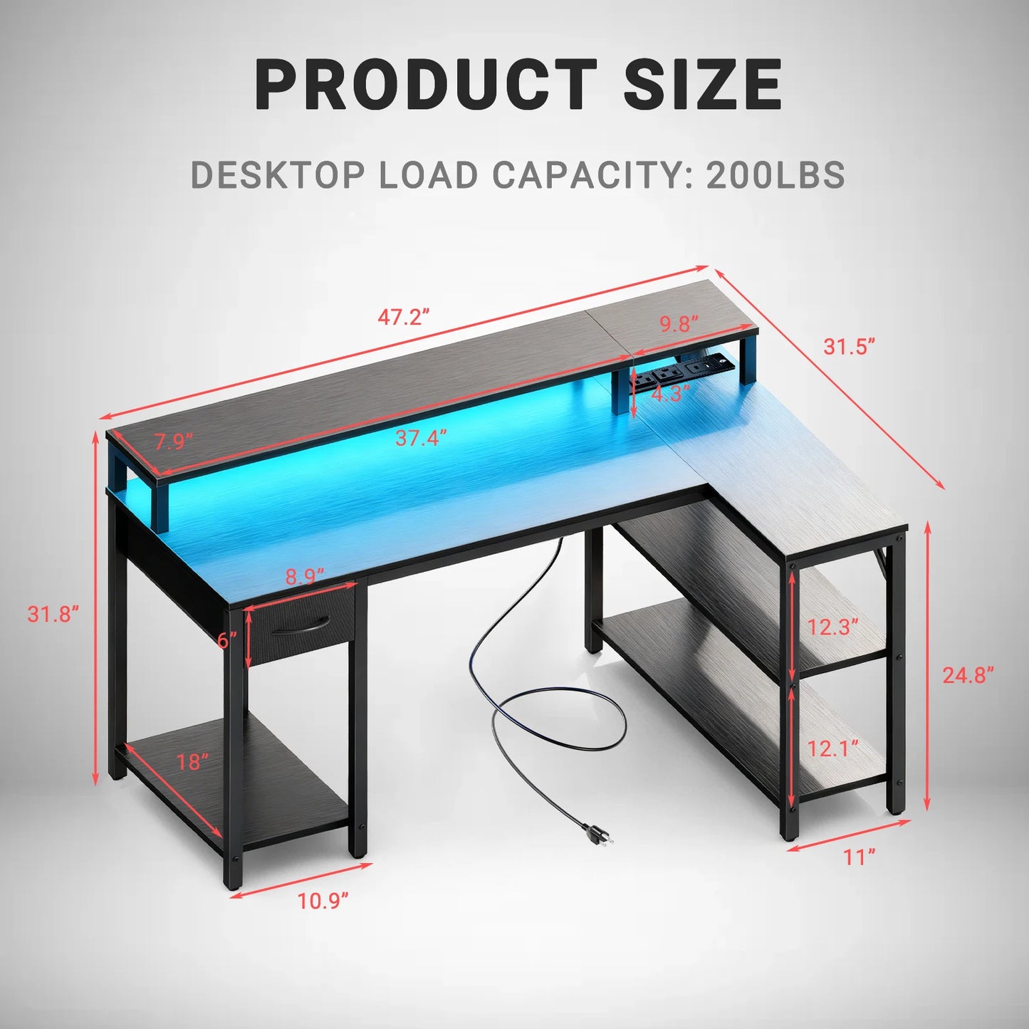 JHK L Shaped Gaming Desk Featuring USB Ports And LED