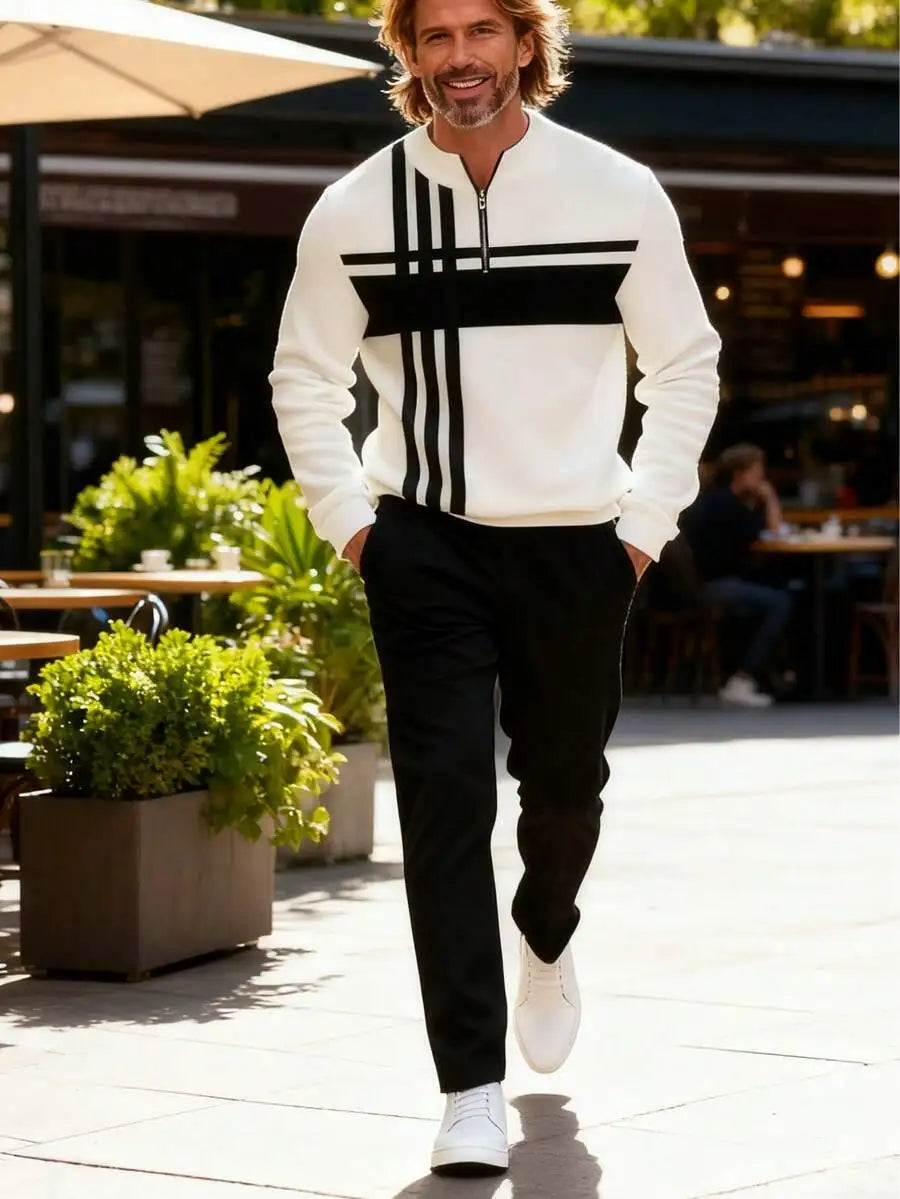 Mens 2-Piece Polyester Sportswear Set With 3D Print Pattern, Half-Collar Zipper Top And Long Pants