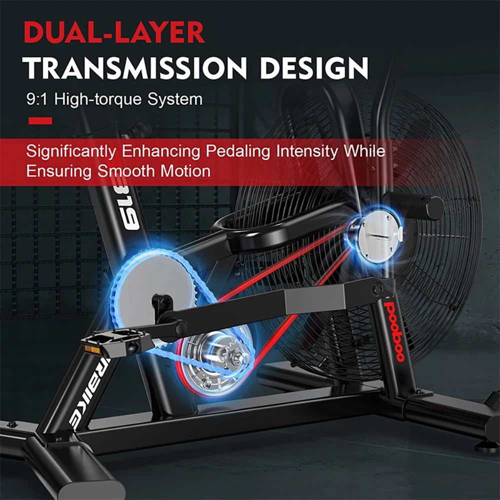 Pooboo Air-Resistance Exercise Fan Bike, Air Bike with Dual Acction Handlebars&Dual-Layer Transmission System, Stationary Bike with APP Connection for Home Gym HIIT Cardio Full Body Workout