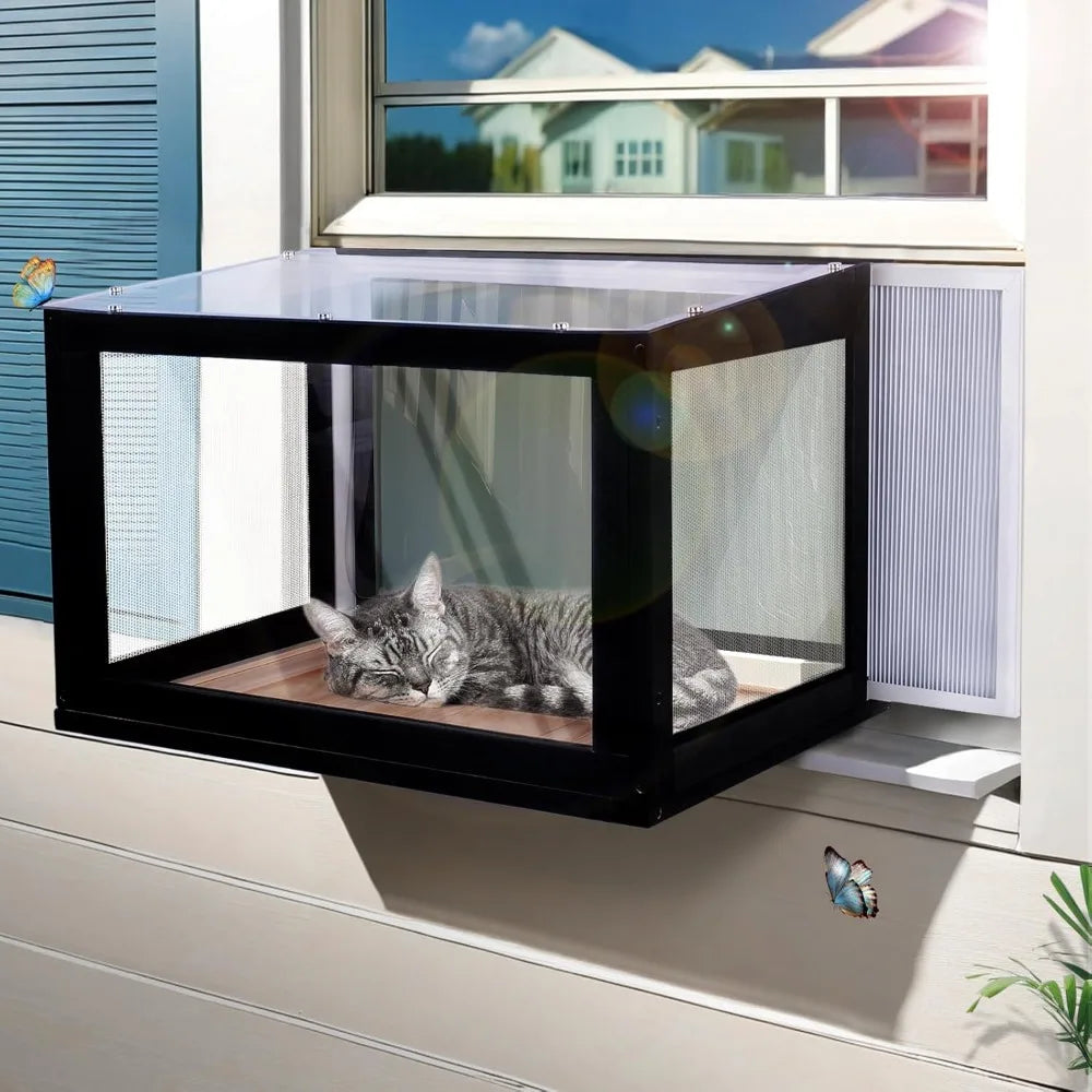 Outdoor Cat Window Box Enclosure Catio With Bug Proof Wire Mesh Transparent Top And Front For Indoor Cats Sunbathing