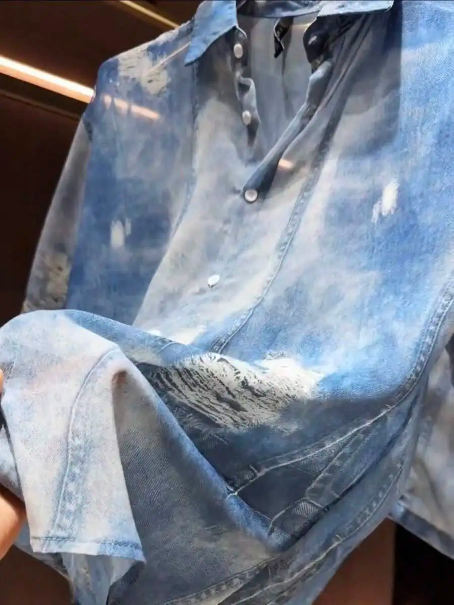 Men's Denim Print Loose Short Sleeve Shirt Set For Summer Casual Two Piece Outfit Ideal Vacation Wear