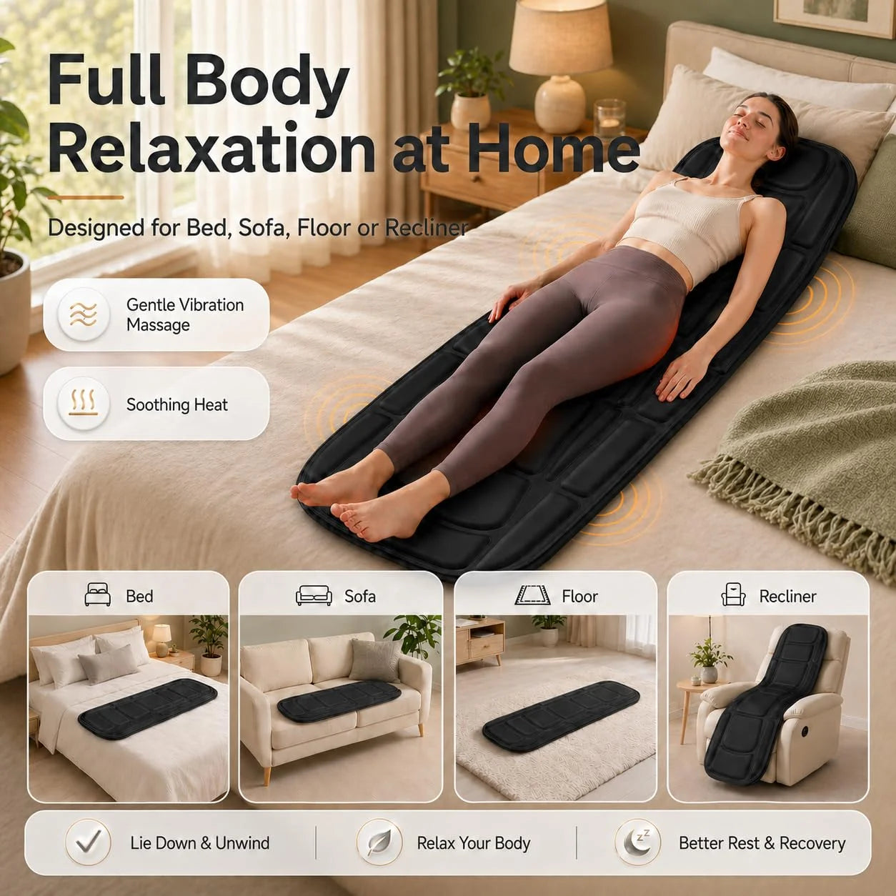 Full Body Massage Mat with Heat for Back Pain Relief – 10 Vibration Motors Back Massager Pad with 4 Heating Zones, 3 Adjustable Intensity Levels, Foldable Vibration Massage Mattress for Bed Sofa Home Office, Ideal Gift for