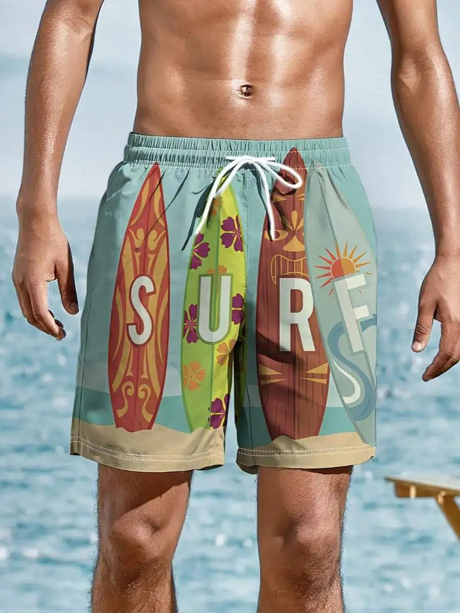 Mens Surf Board Print Swim Shorts Premium Lightweight Quick Dry Elastic Waist Beachwear For Men