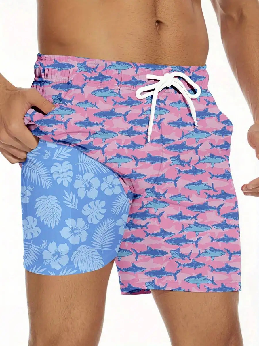 Mens 2 In 1 Swim Trunks With Compression Liner Quick Dry Camouflage Board Shorts