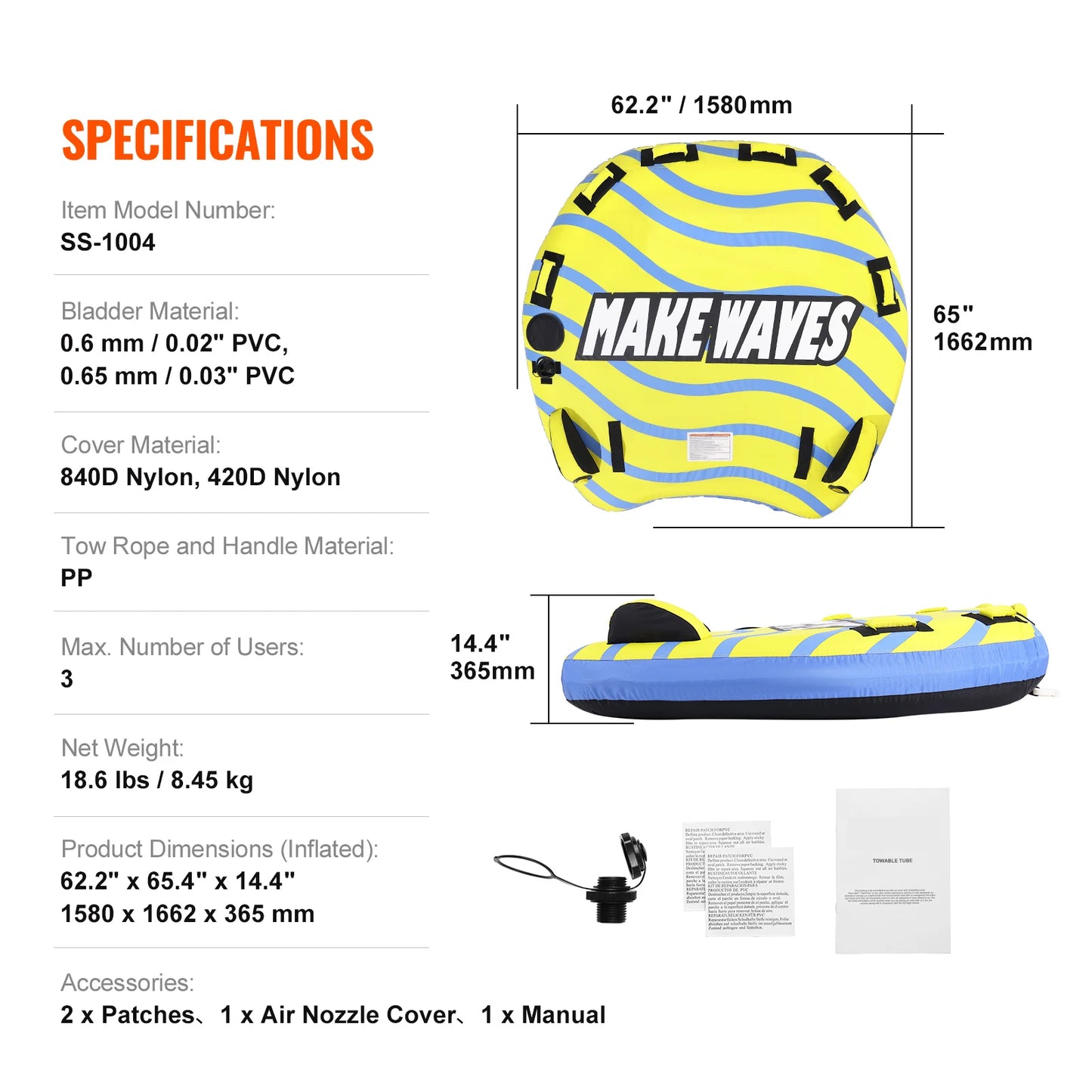 SucceBuy 3 Person Towable Tube For Boating With Bumper Fins 510 Lb Capacity Durable For Families