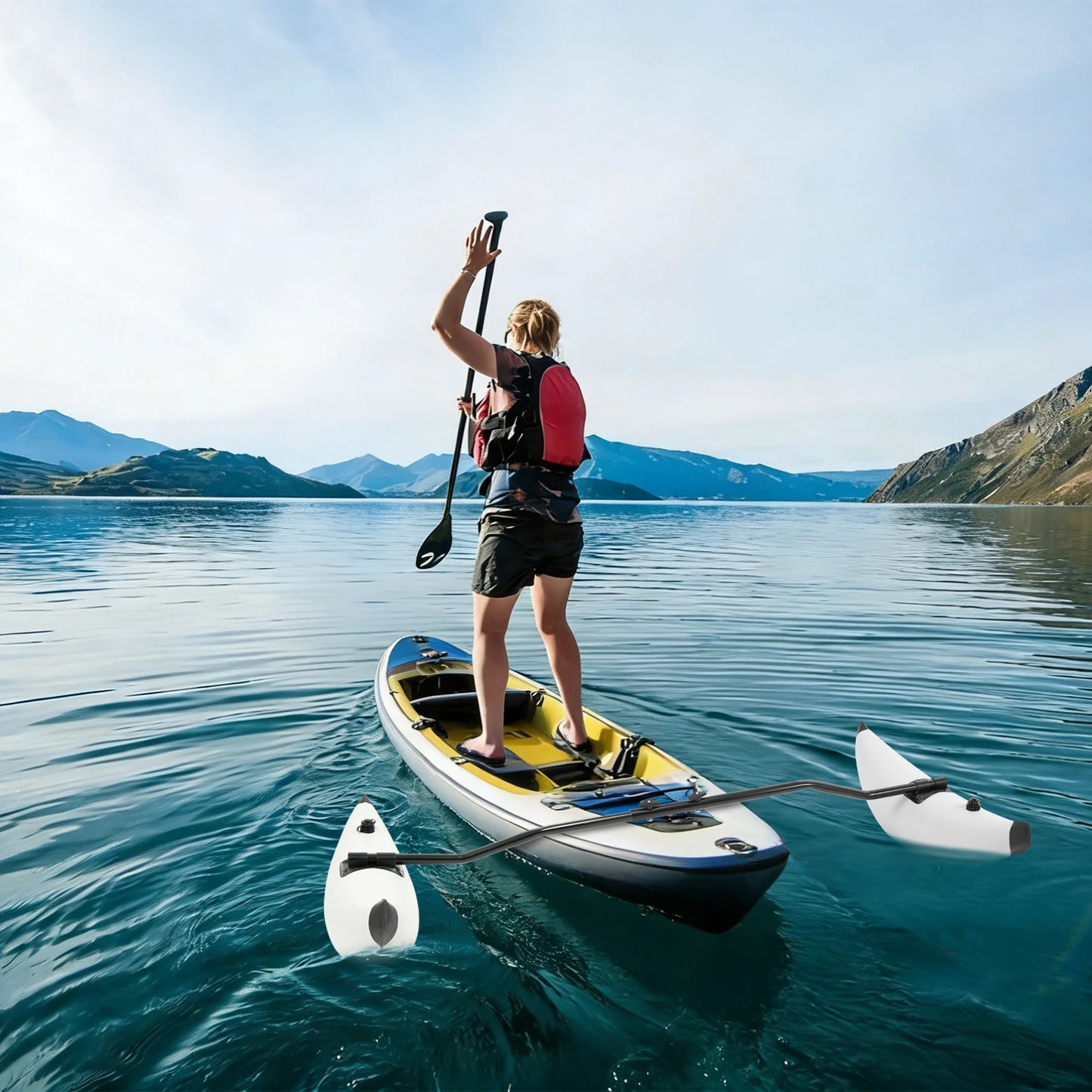 Inflatable Kayak Outrigger Stabilizer Set With Adjustable Aluminum Rods And Dual Air Valves For Anglers