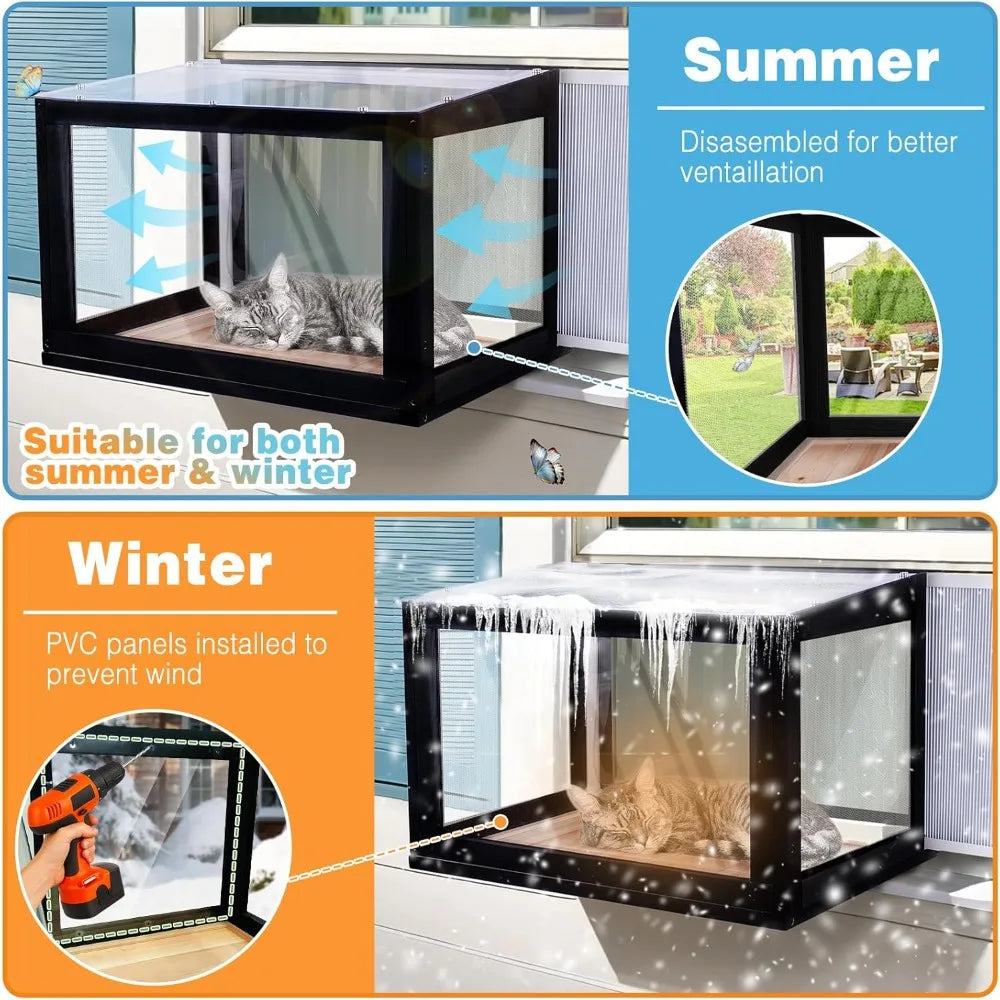 Outdoor Cat Window Box Enclosure Catio With Bug Proof Wire Mesh Transparent Top And Front For Indoor Cats Sunbathing