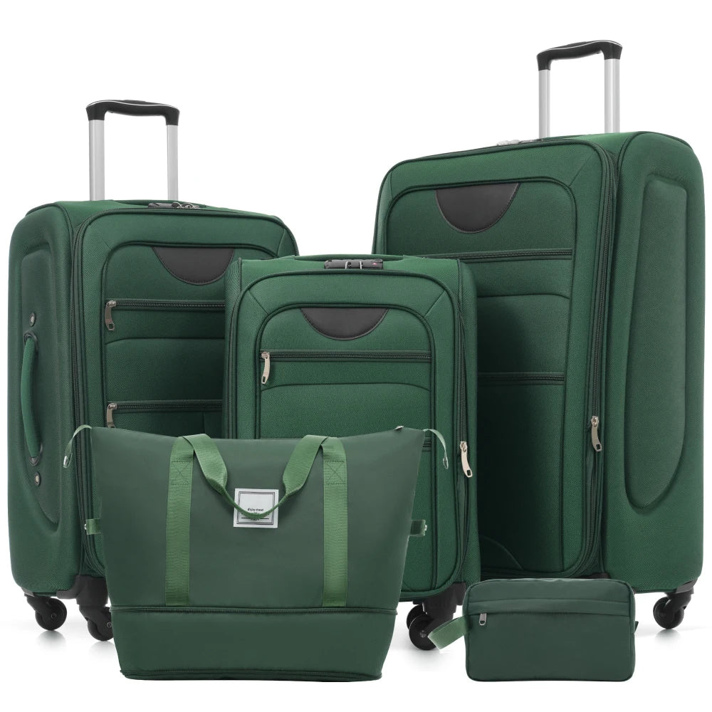 5 Piece Expandable Soft Shell Luggage Set Polyester Spinner Suitcases TSA Locks