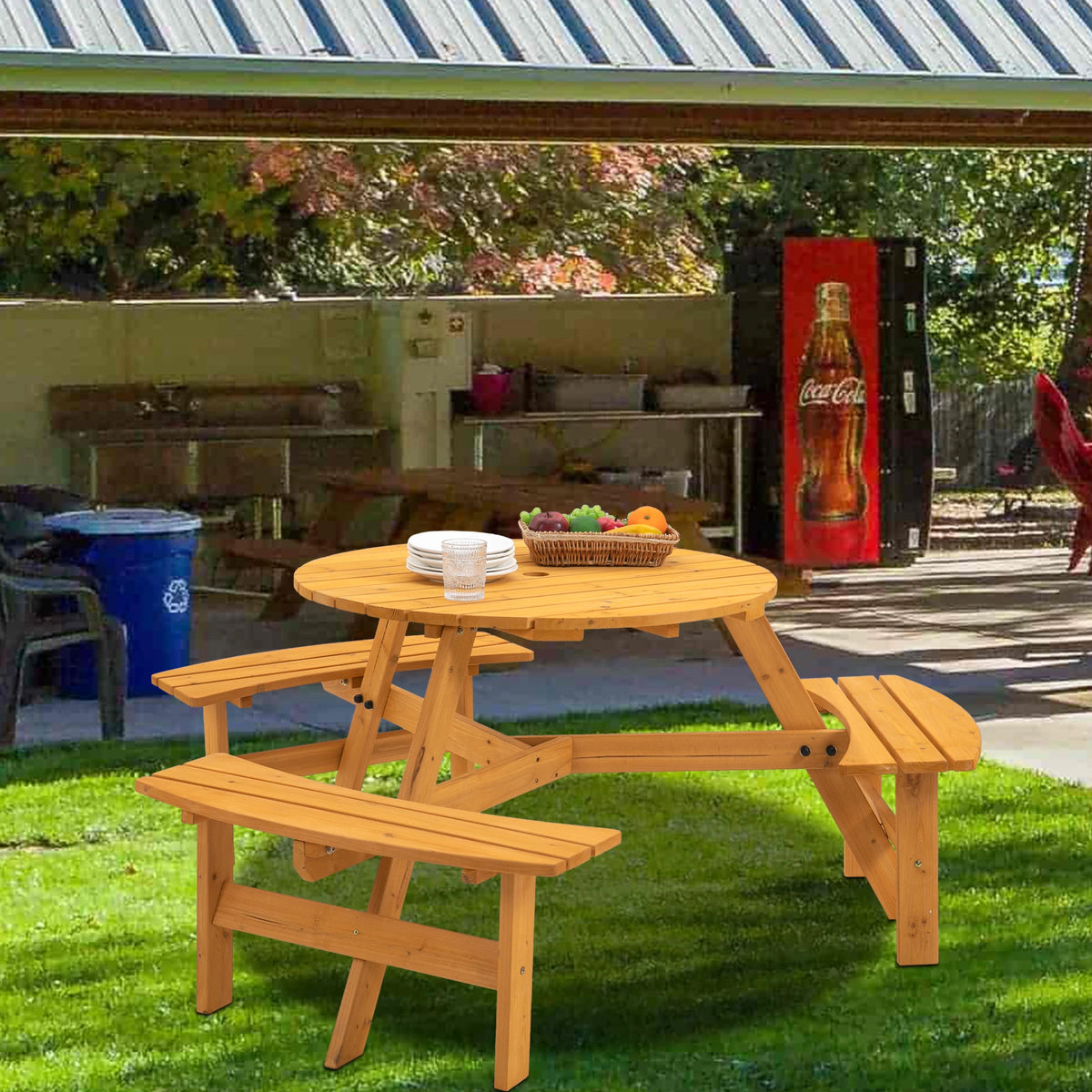 Solid Wood Round Picnic Table Set With Three Outdoor Benches