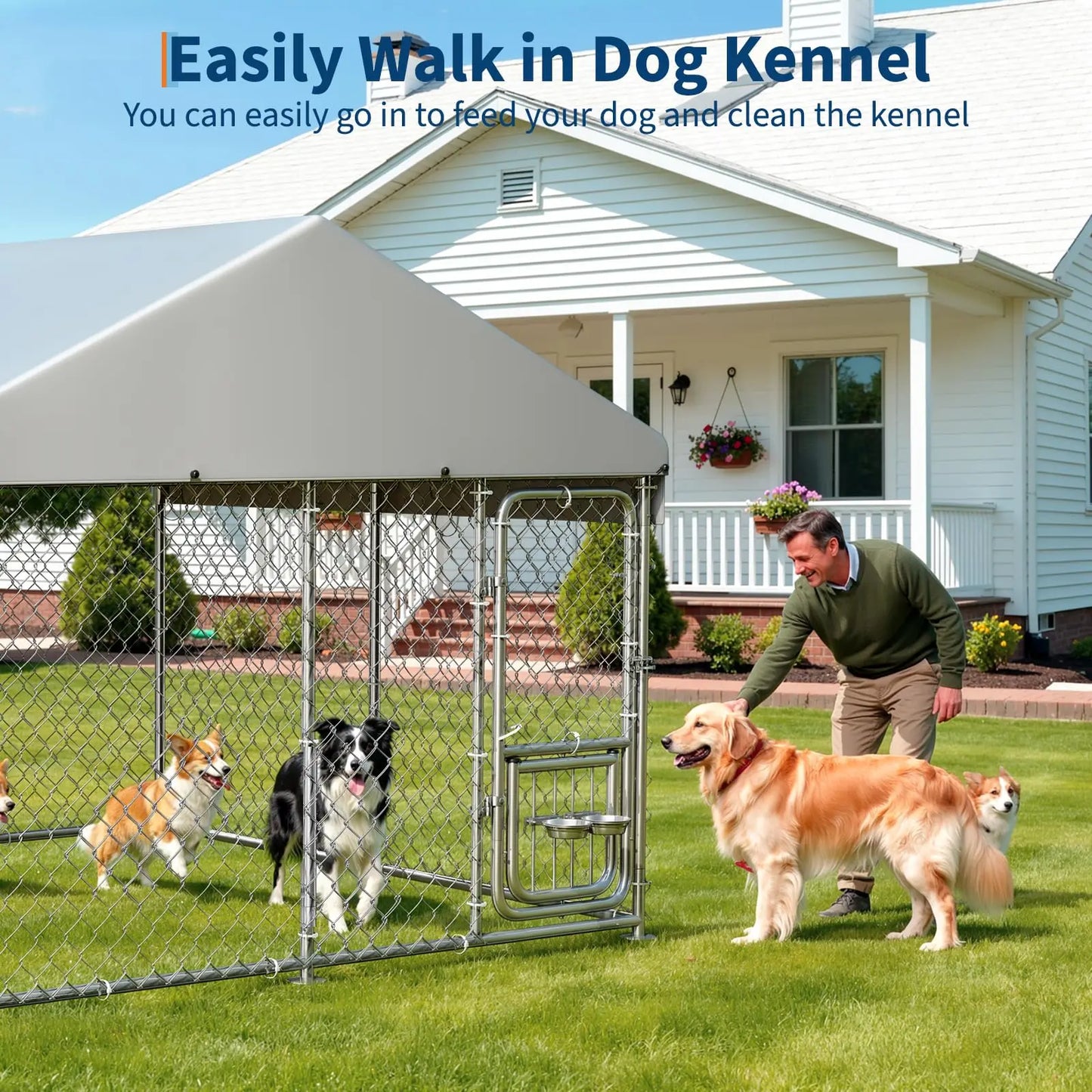 DishyKooker Heavy Duty Outdoor Dog Kennel With Roof Cover Lockable Feeding Door For Large Dogs