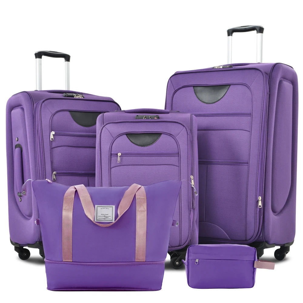 5 Piece Expandable Soft Shell Luggage Set Polyester Spinner Suitcases TSA Locks