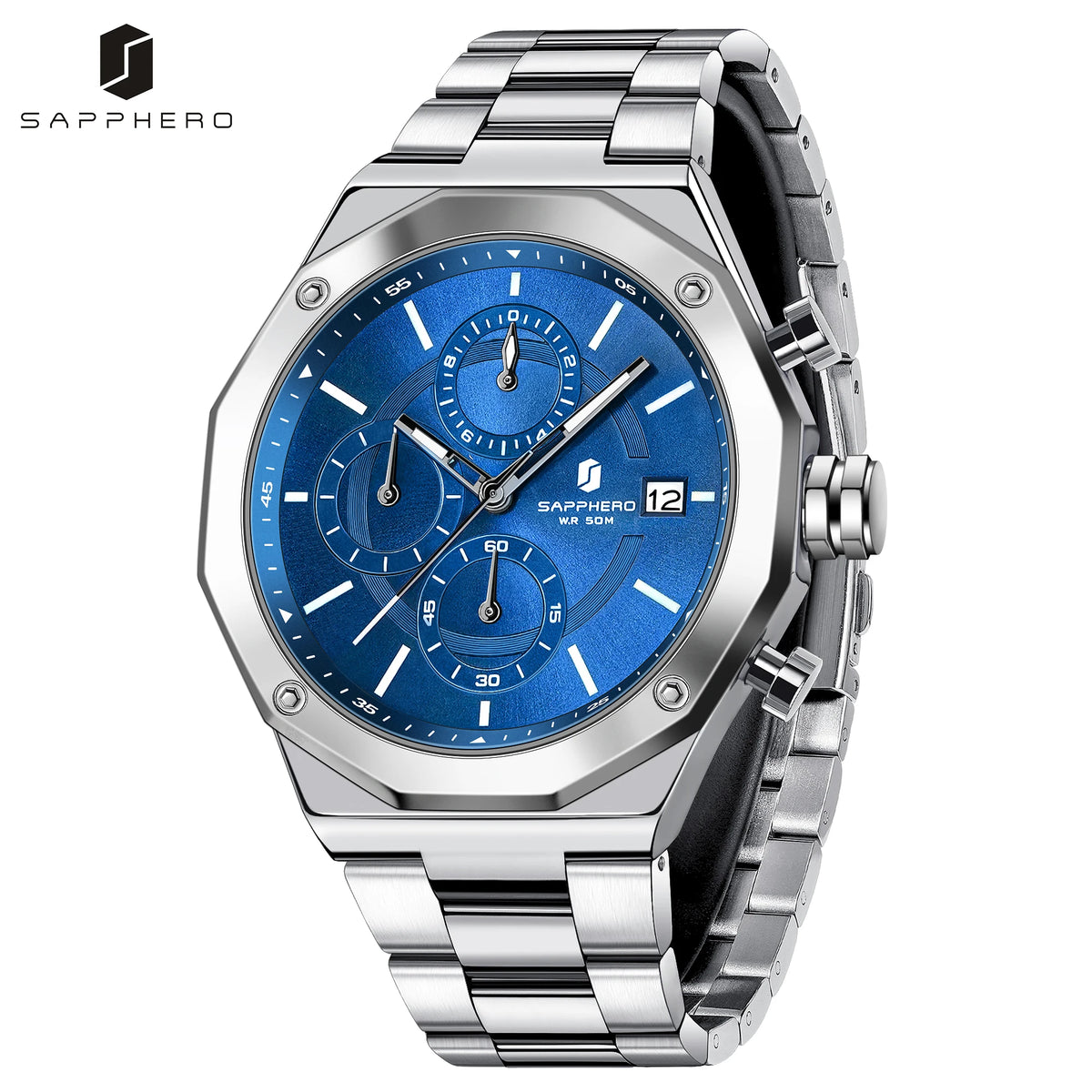SAPPHERO Men's Chronograph Quartz Watch 5ATM Waterproof Stainless Steel Wristwatch Business Sport Fashion Casual Watch for Men Daily Wear Gift for Father Husband