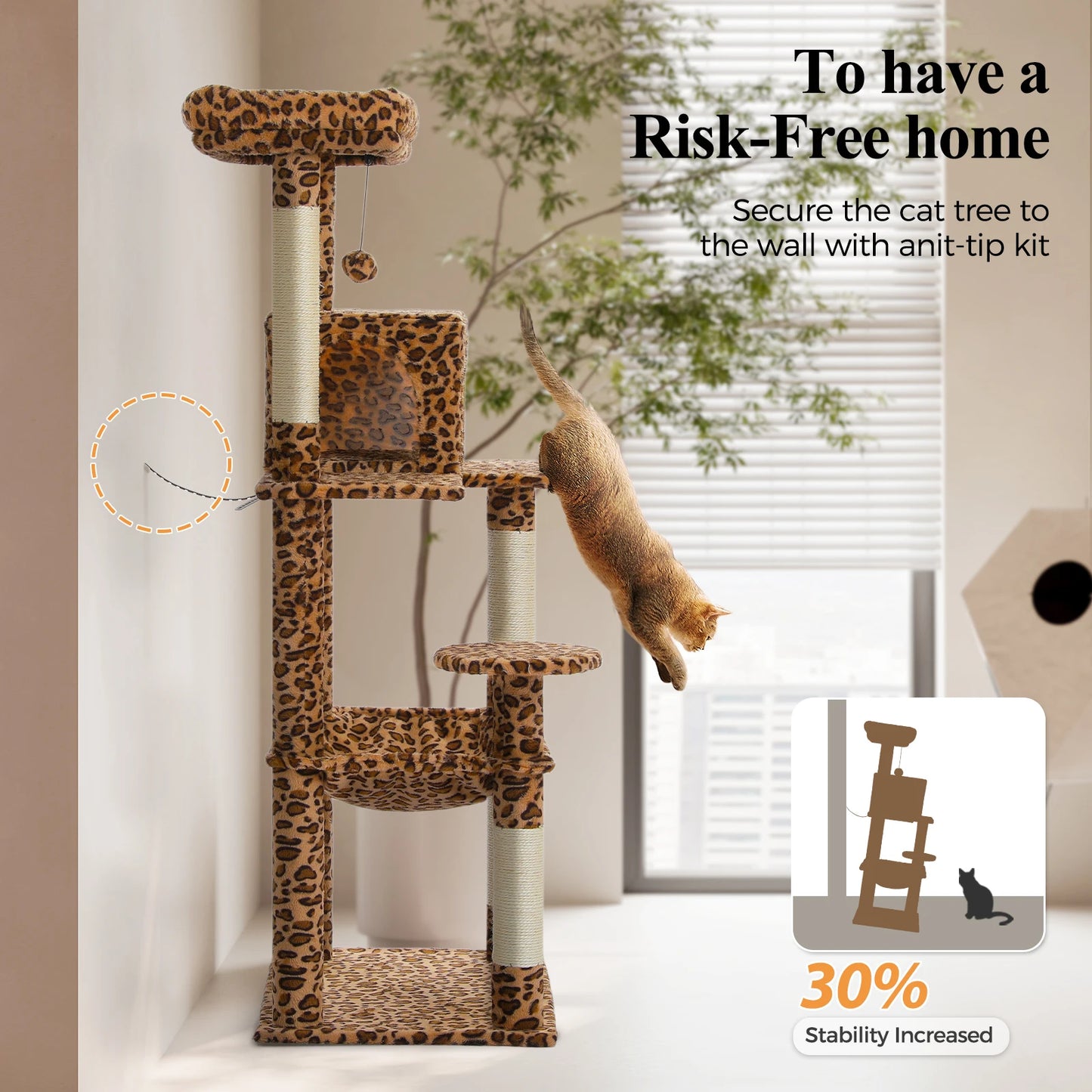 Multi-Level Leopard Cat Tree for Indoor Cats Large Cat Tower with Sisal Scratching Posts Cozy Cat Condo Spacious Hammock Soft Top Perch Cat Toys