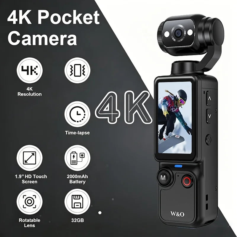 Ultra HD 4K Sports Camcorder, Ultra Light Body for Travel & Vlog, Comes with 32GB Memory Card and Tripod, Anti-Shock Stabilization, 180° Adjustable Flip Screen, Auto Focus, 2000mAh Rechargeable Battery for Outdoor Cycling