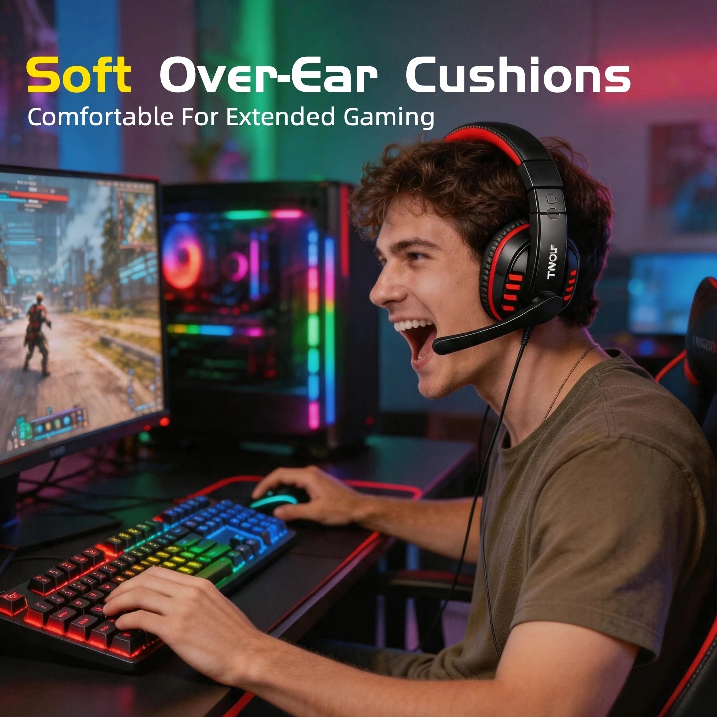 T-WOLF RGB Gaming Keyboard Mouse Headset Mousepad 4 In 1