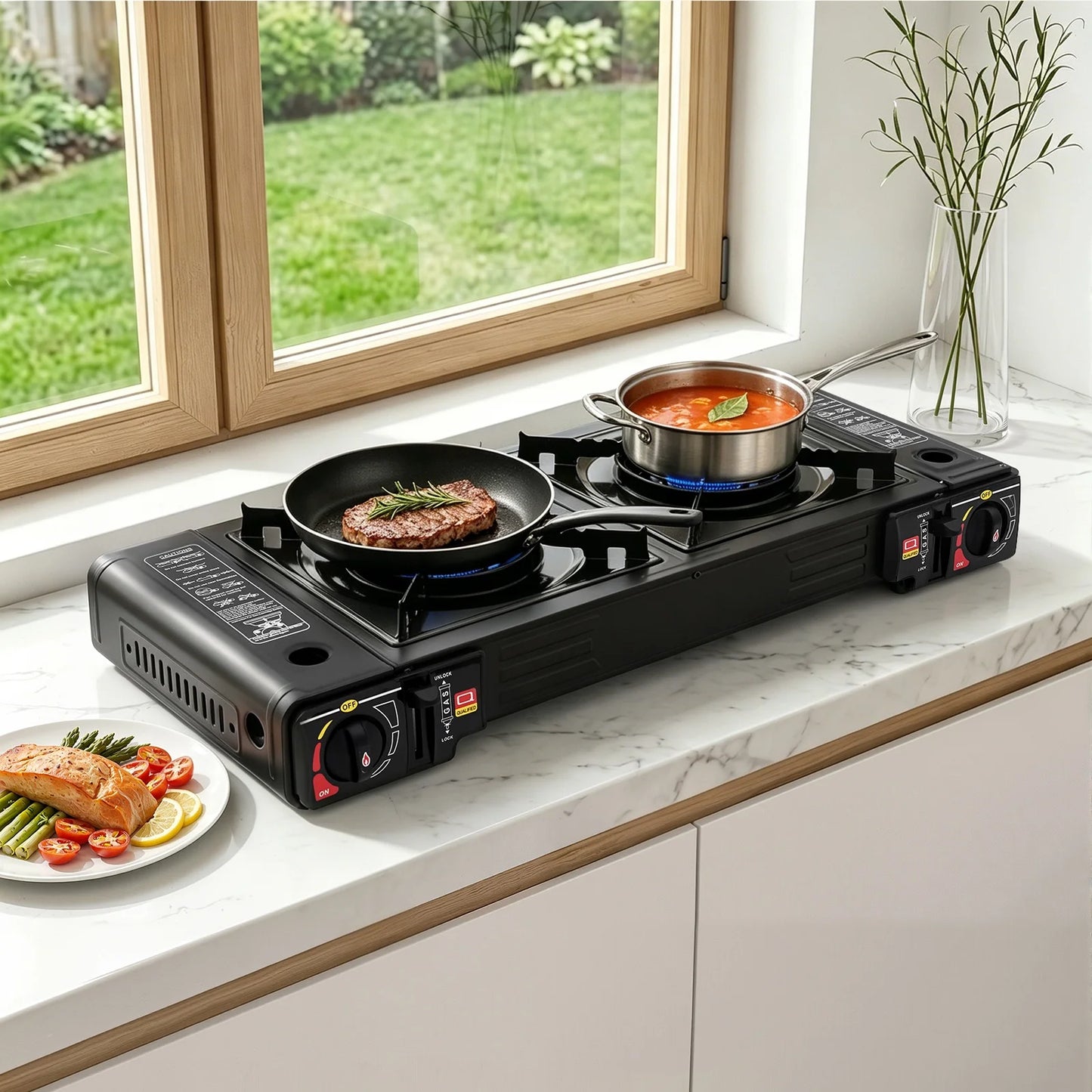 Dual Burner Portable Camping Gas Stove Featuring Protective Carry Bag