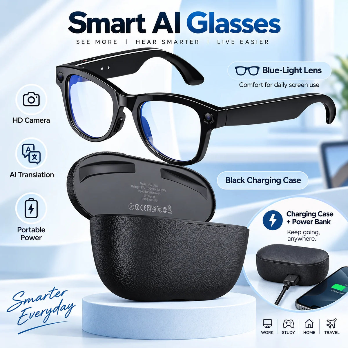 Smart AI Glasses With 1080P Camera Bluetooth Translation And Music