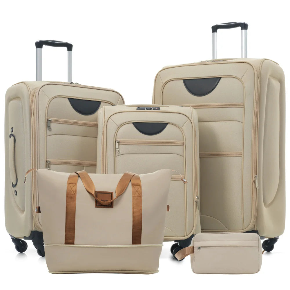 5 Piece Expandable Soft Shell Luggage Set Polyester Spinner Suitcases TSA Locks