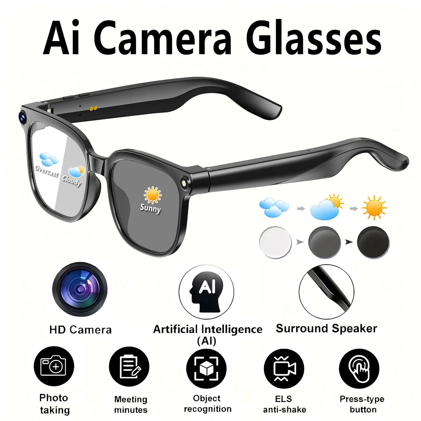 Camera video glasses, smart translation, object recognition via camera, Q&A interaction, Hi-Fi music, and high-definition calls.