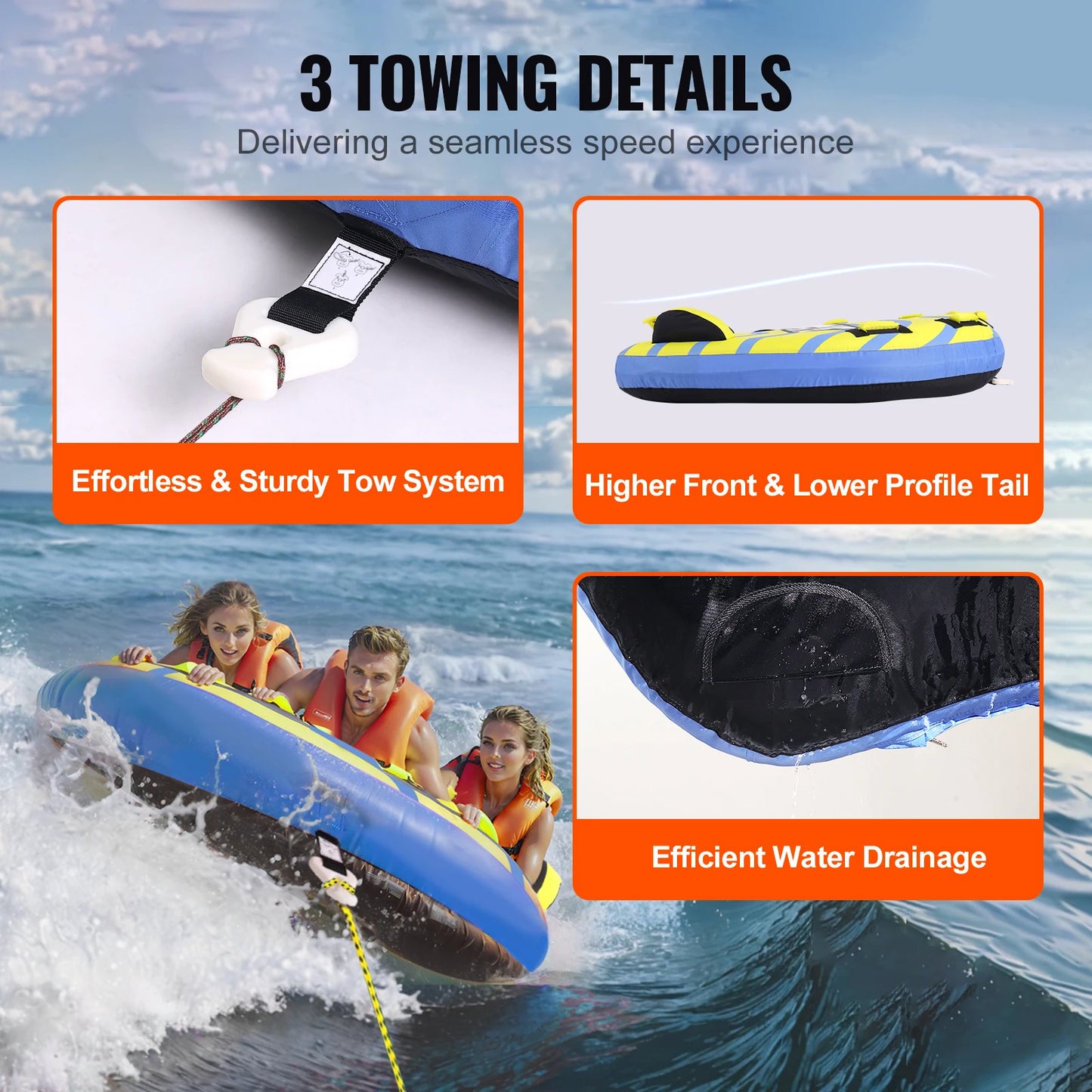 SucceBuy Towable Tube For Boating Family And Friends Inflatable With Bumper Fins 510 Lbs Load Capacity