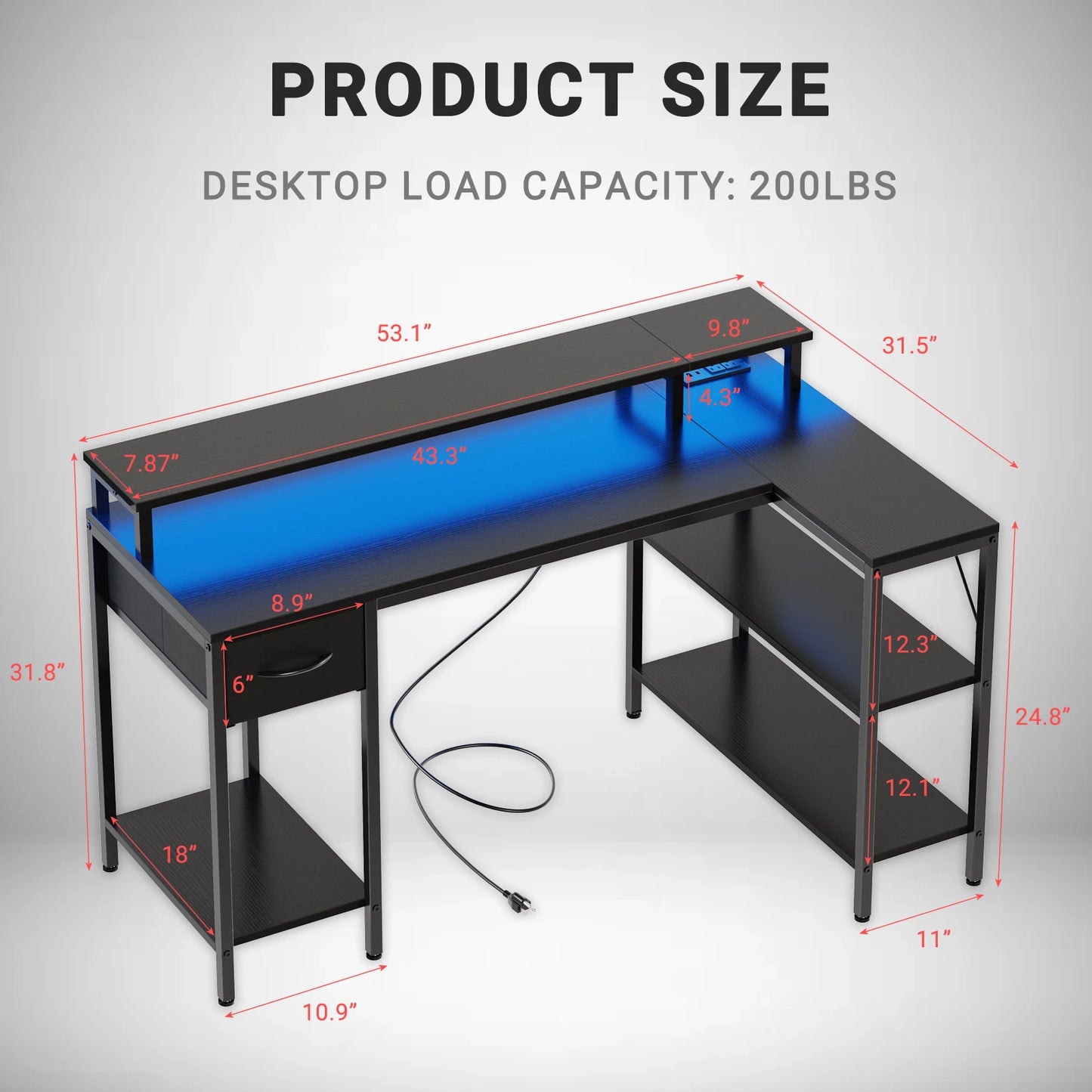 JHK L Shaped Gaming Desk Featuring USB Ports And LED
