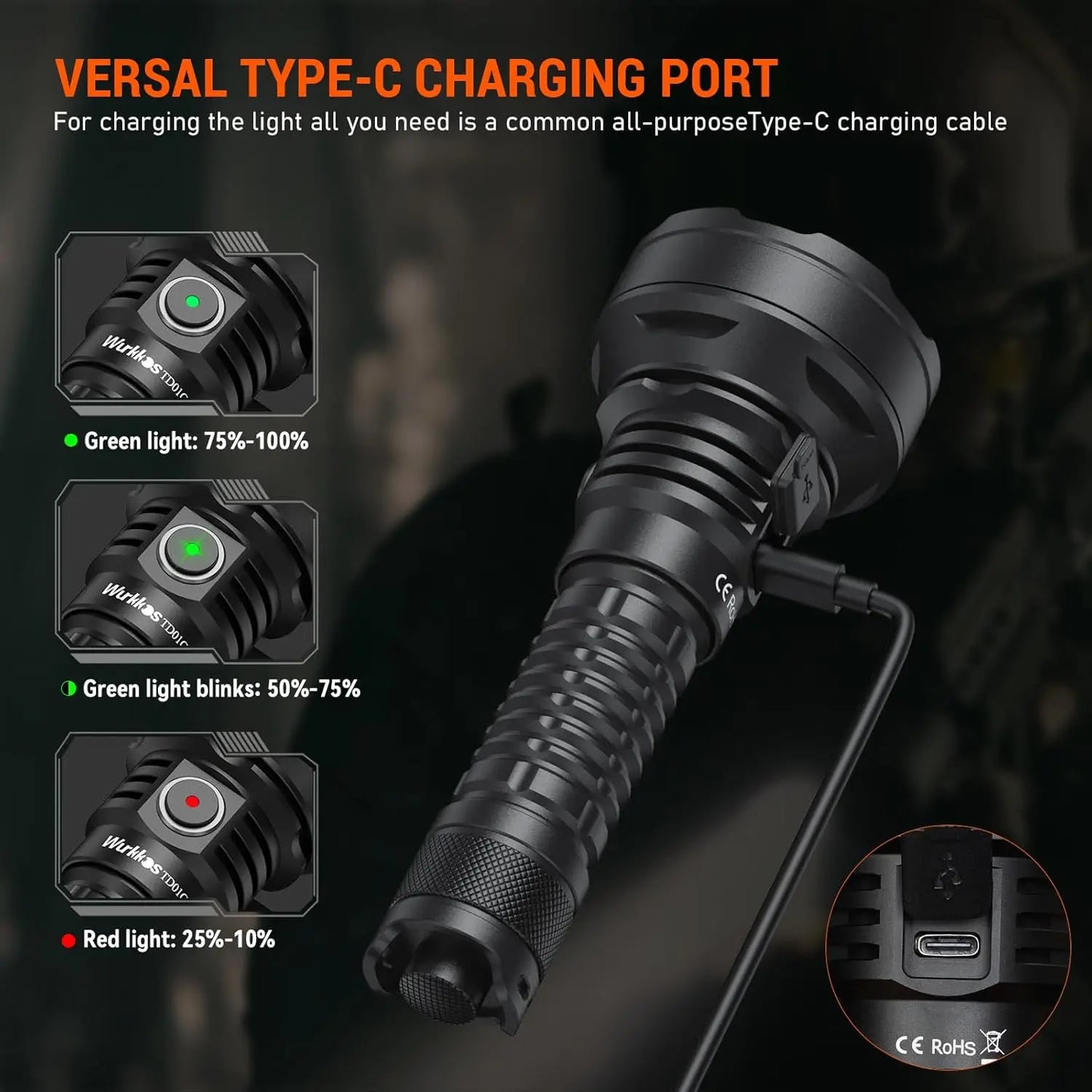 Wurkkos TD01C Rechargeable Tactical Flashlight LED USB C 1800 Lumens