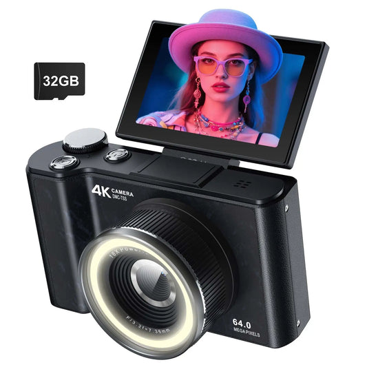 WO 4K Digital Camera With Ring Light And Flip Screen
