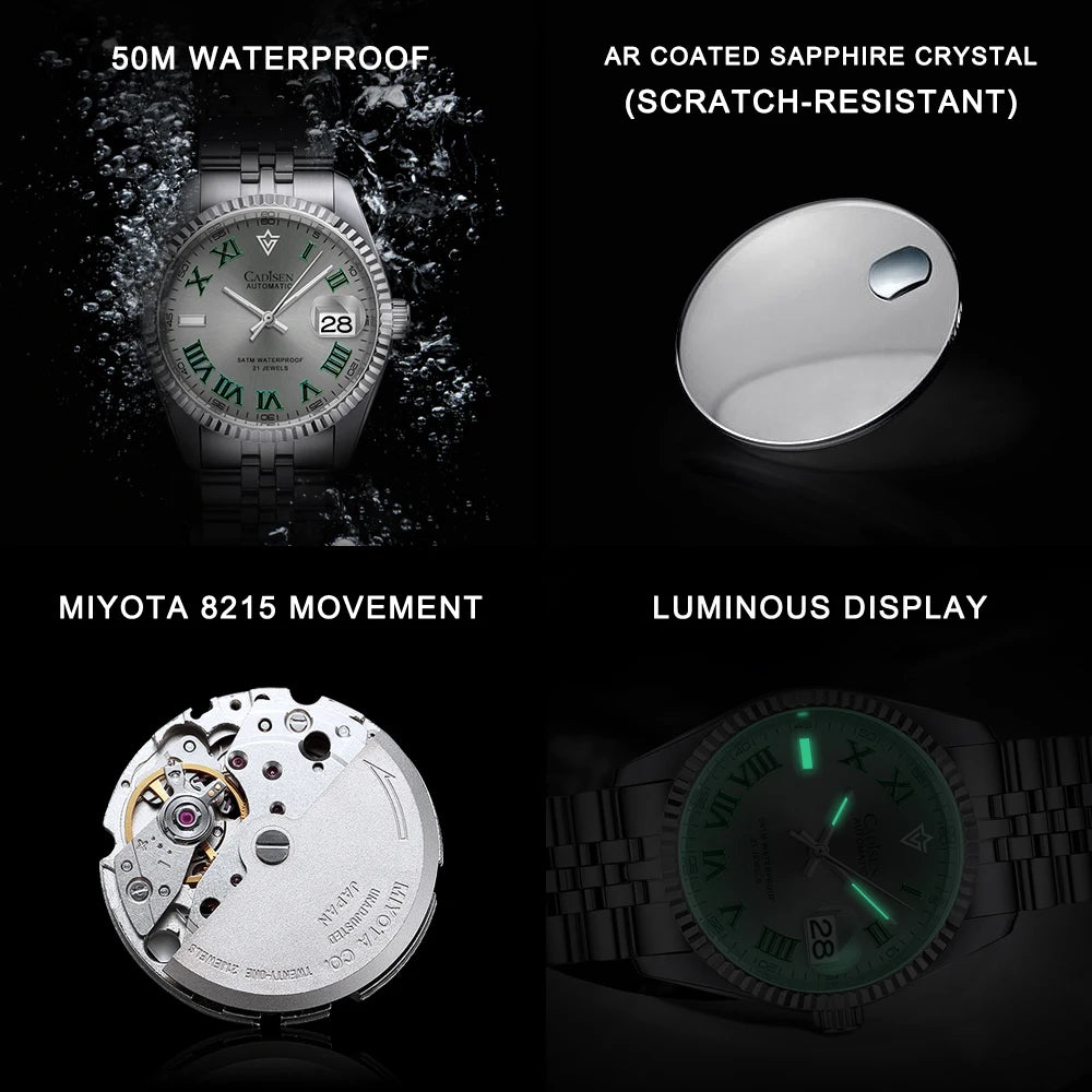 CADISEN 38MM Men's Automatic Mechanical Watch Luxury AR Sapphire Glass Waterproof Stainless Steel MIYOTA 8215 Men Wristwatch