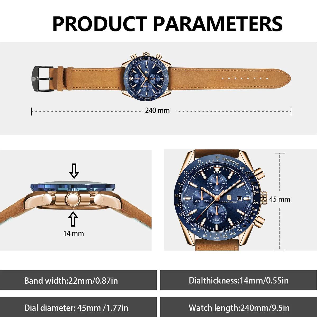 SAPPHERO Men's Quartz Chronograph Watch Date Display Blue Dial 50M Water Resistant Sport Luxury Wristwatch Elegant Fashion Business Casual Watch for Men Daily Wear Office Travel Gift