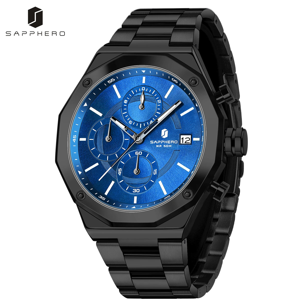 SAPPHERO Men's Chronograph Quartz Watch 5ATM Waterproof Stainless Steel Wristwatch Business Sport Fashion Casual Watch for Men Daily Wear Gift for Father Husband