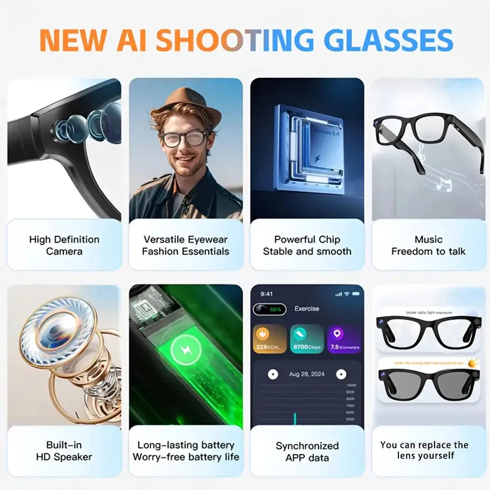 SENBONO Smart Glasses AI Translator 8MP Camera 4K Video Sunglasses