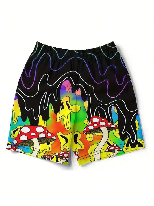 Mens Retro Psychedelic Mushroom Swim Trunks Quick Dry Adjustable Waist Beach Shorts