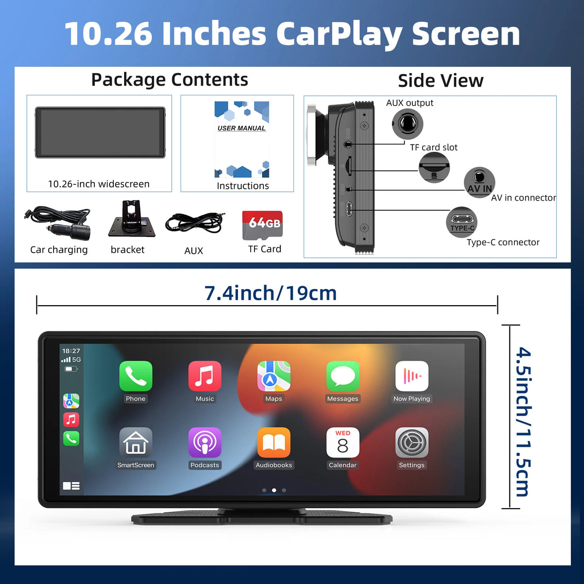 Portable Wireless Car Stereo With CarPlay Android Auto And Backup Camera