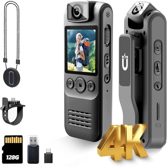 4K Wearable Body Camera 128GB Audio Magnetic Clip Bike Mount