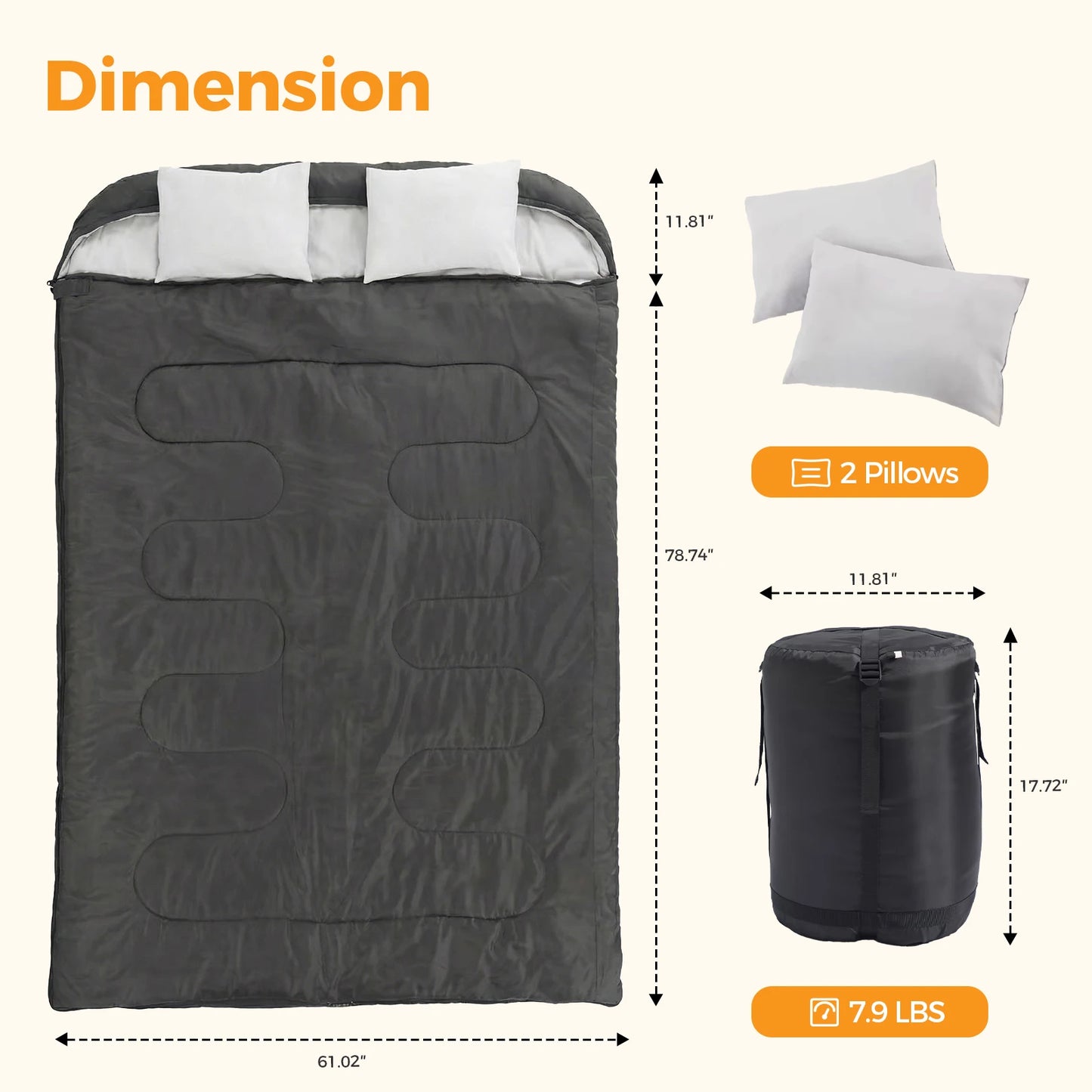 JHK Double Sleeping Bag For Adults With Pillow Three Season Portable