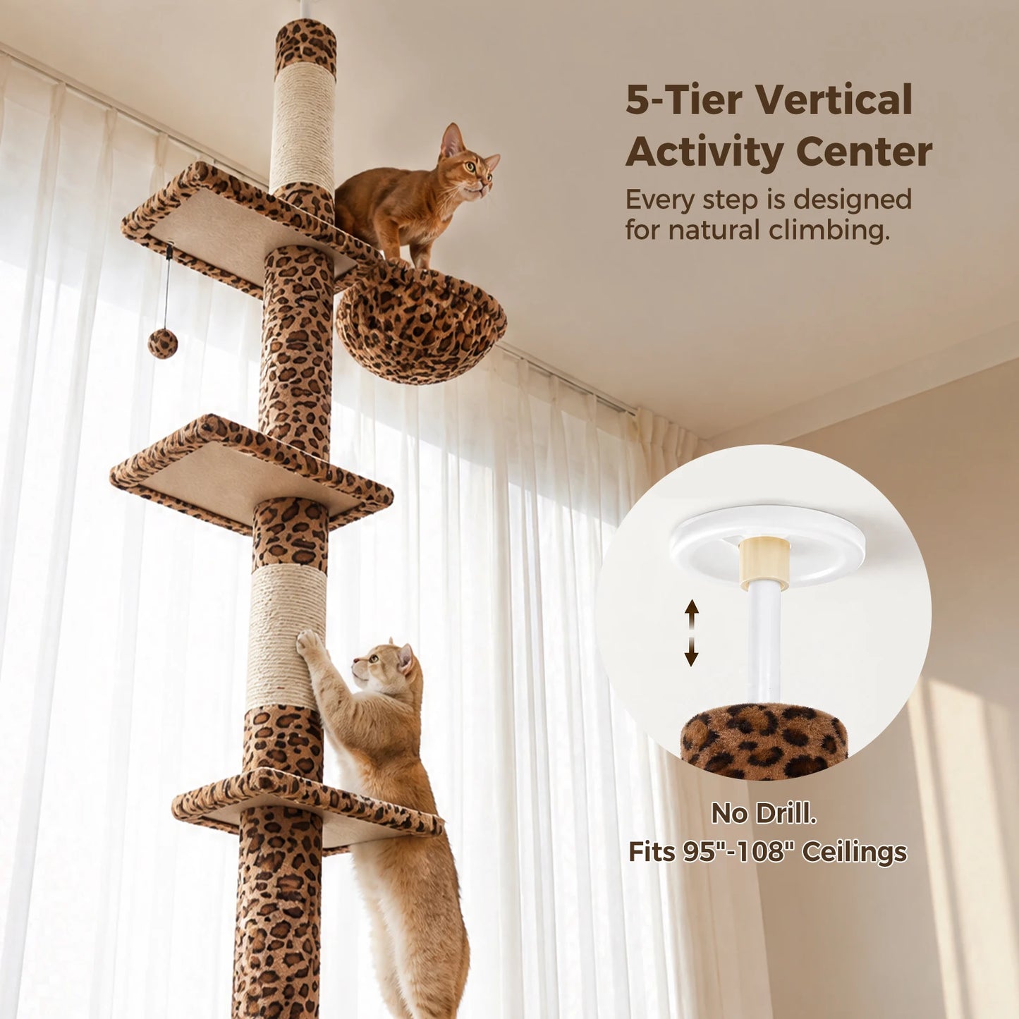 Floor to Ceiling Cat Tree with Sisal Scratching Posts Cozy Hammock Dangling Ball Adjustable Height Leopard Cat Tower for Indoor Cat Toys